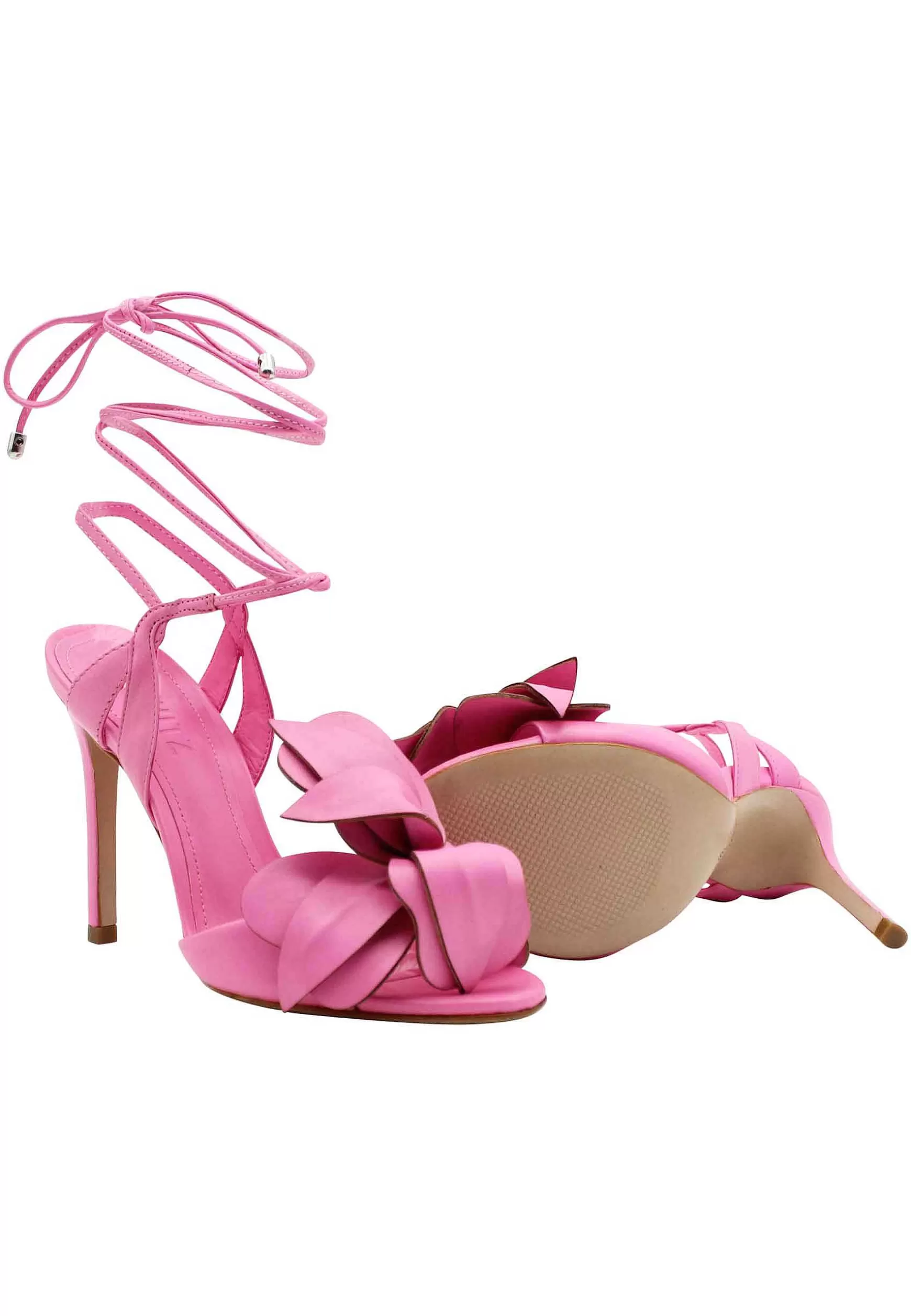 Sandali Donna In Pelle Rosa Con Grande Fiore In Pelle Tacco Alto E Laccetti*Schutz Store