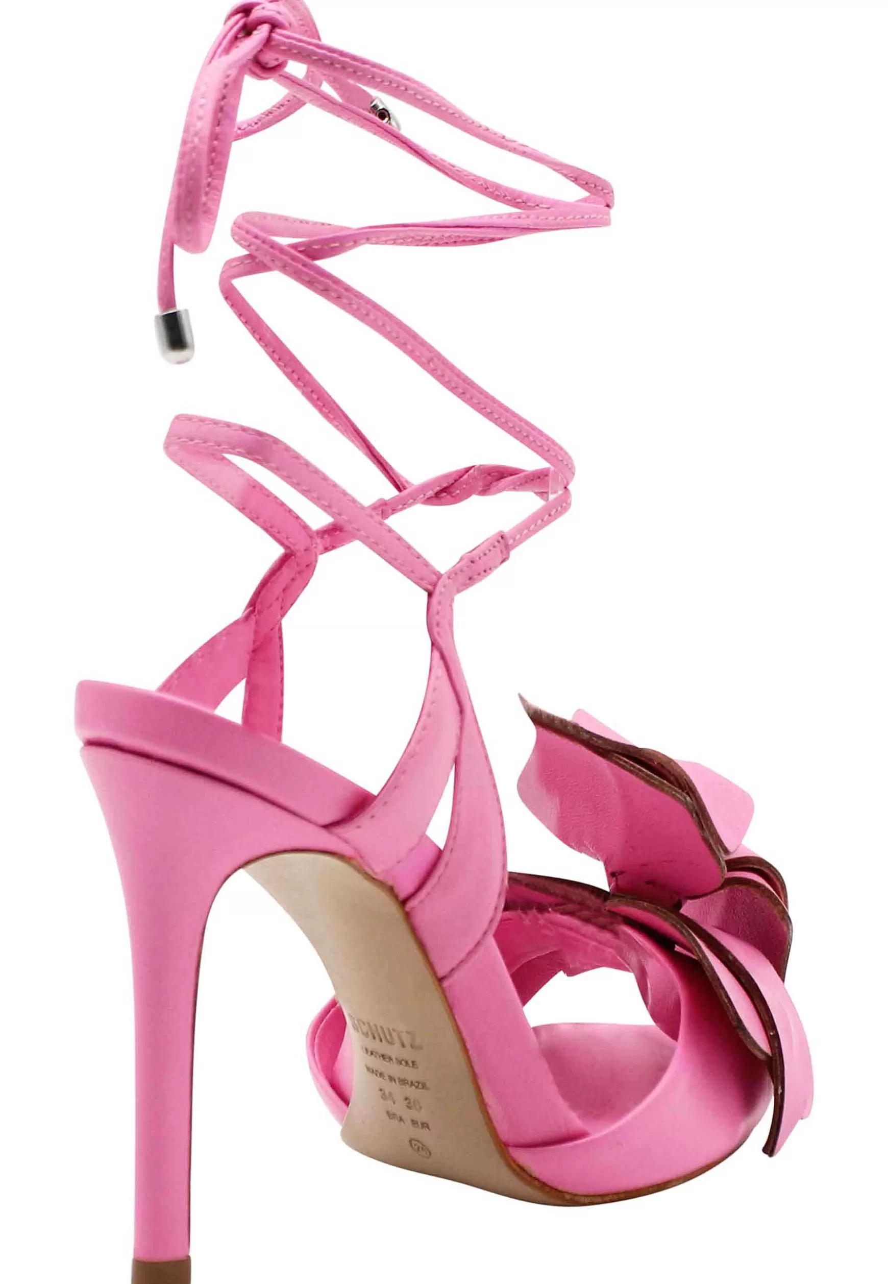 Sandali Donna In Pelle Rosa Con Grande Fiore In Pelle Tacco Alto E Laccetti*Schutz Store