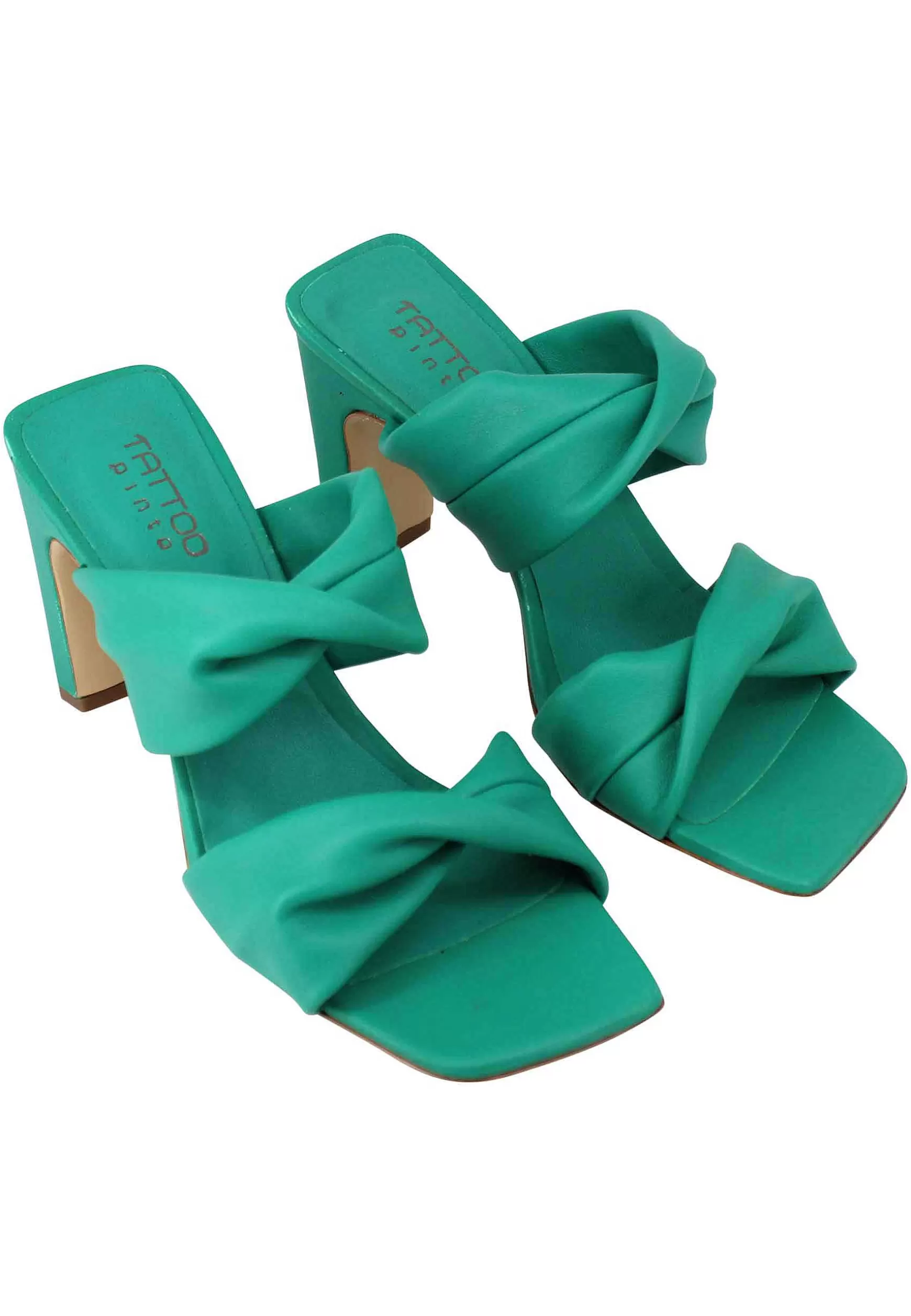 Sandali Donna In Pelle Verde A Doppia Fascia Con Tacco Alto E Punta Quadra*Tattoo Cheap