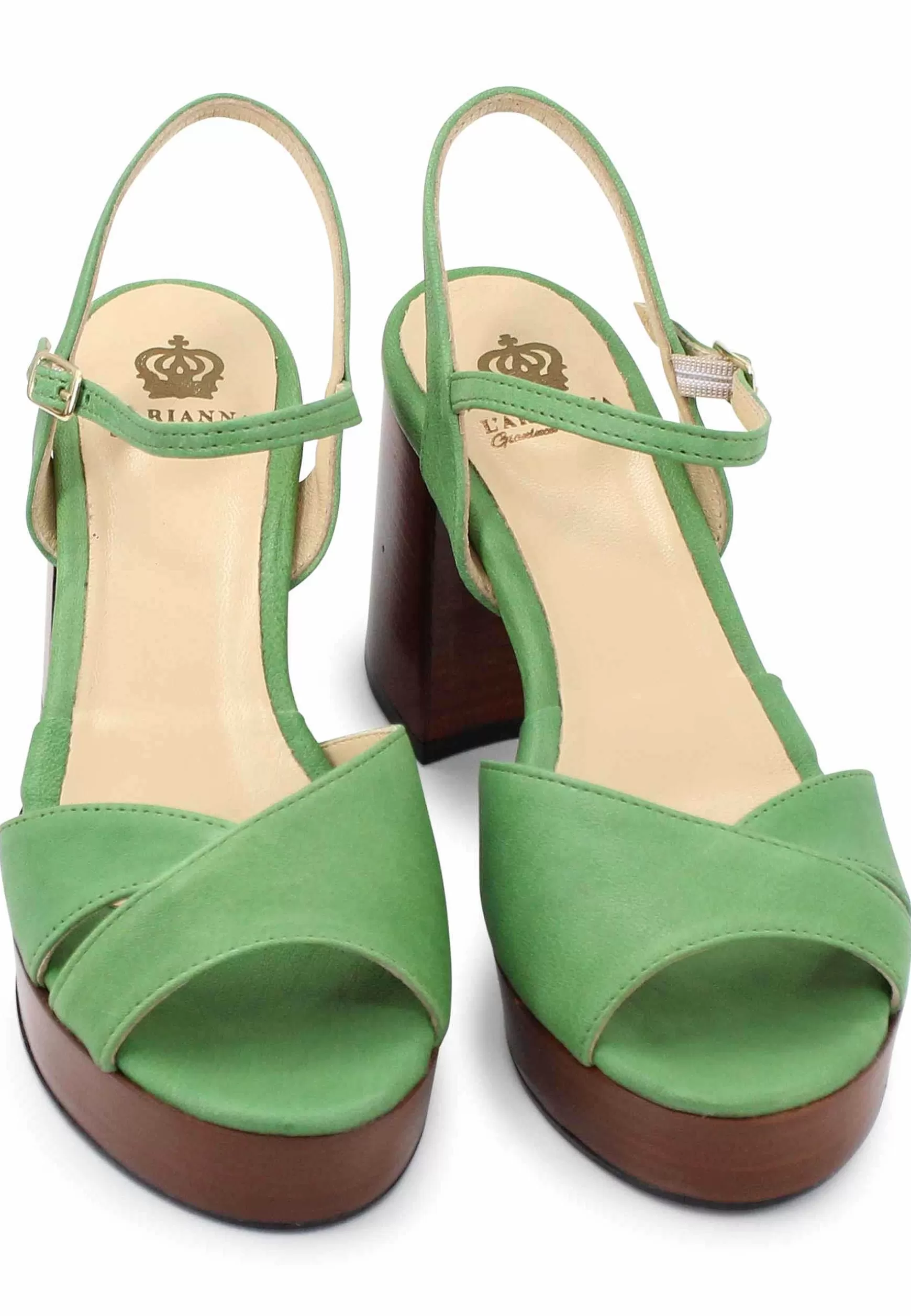 Sandai Donna In Pee Verde Con Cinturino E Tacco E Pateau In Cuoio*L Cheap