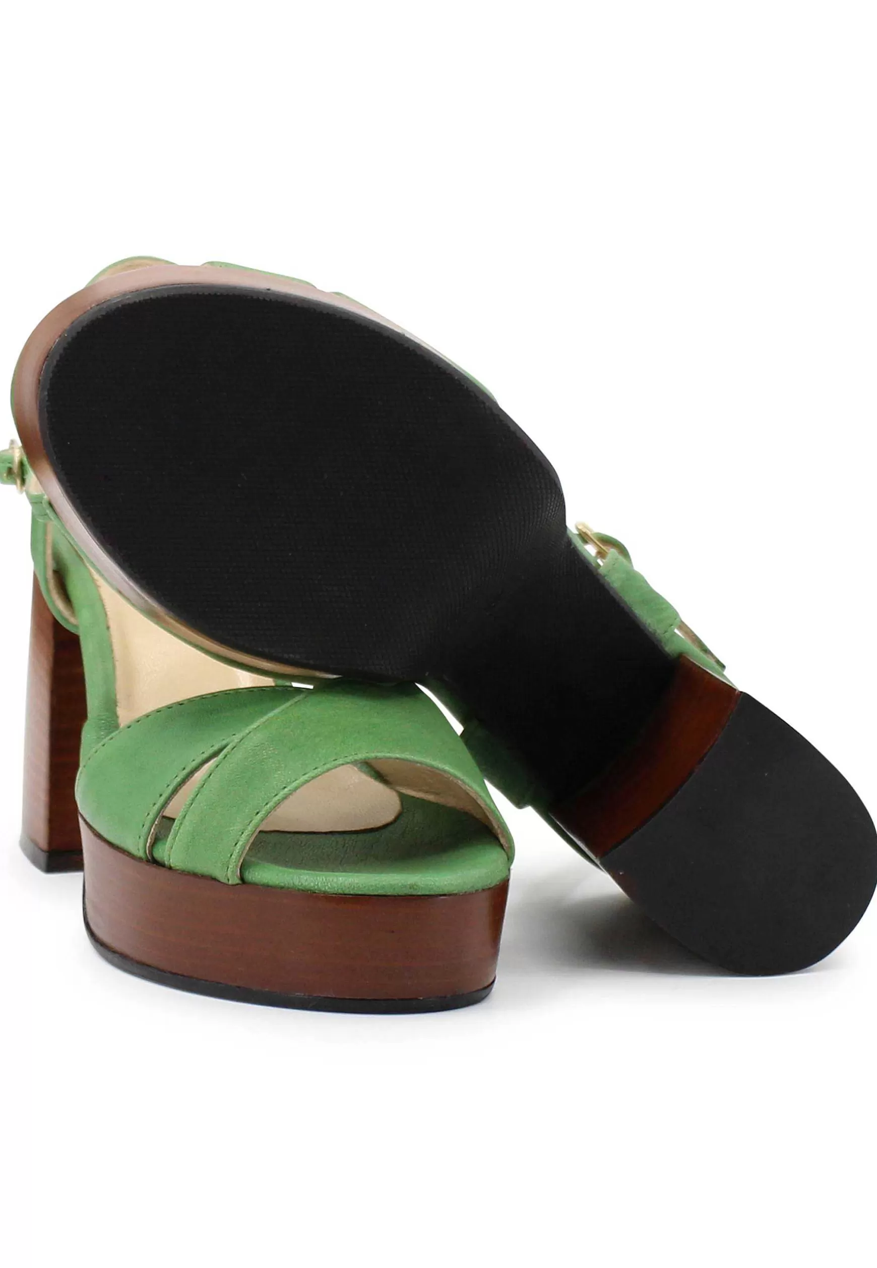 Sandai Donna In Pee Verde Con Cinturino E Tacco E Pateau In Cuoio*L Cheap
