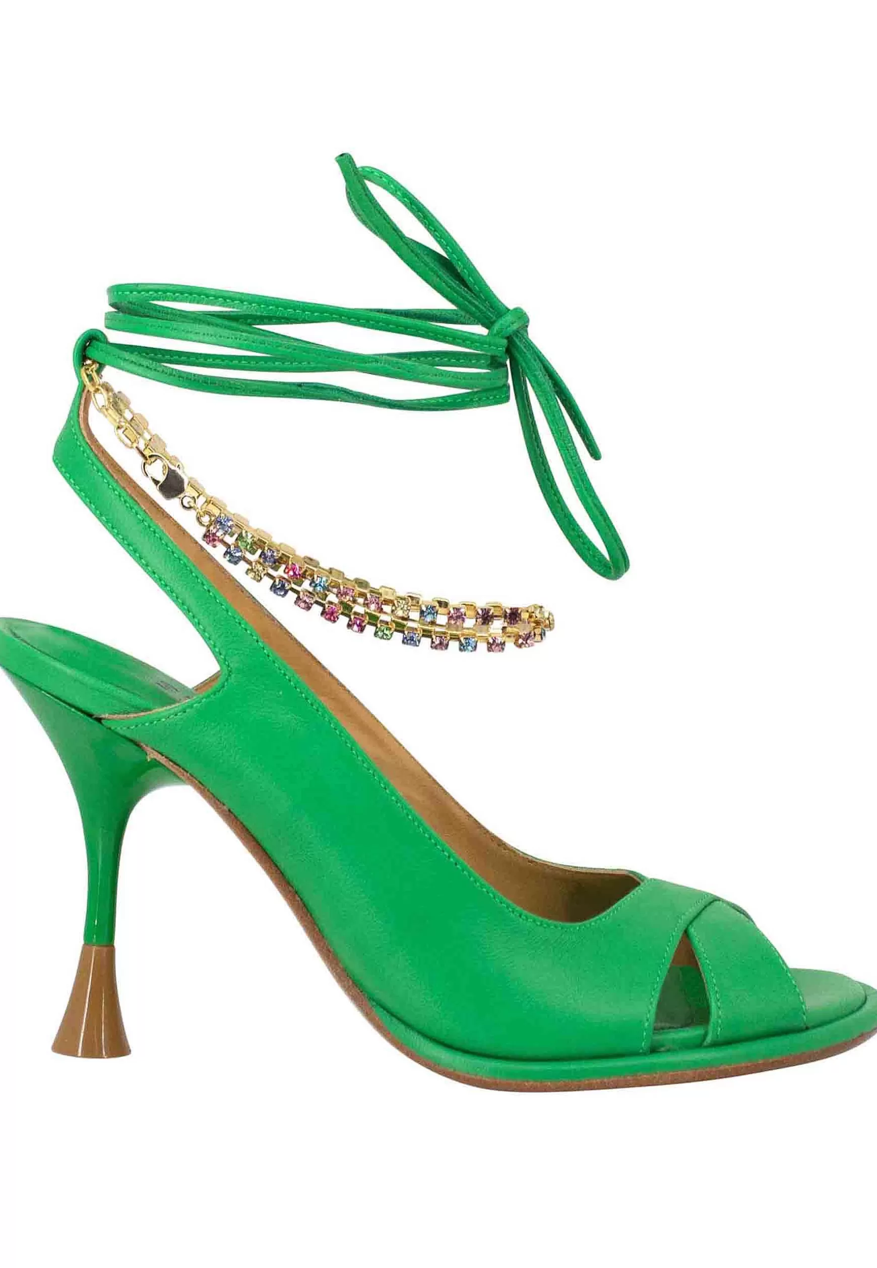 Sandali Donna In Pelle Verde Con Tacco Alto E Cavigliera Gioiello** Flash Sale