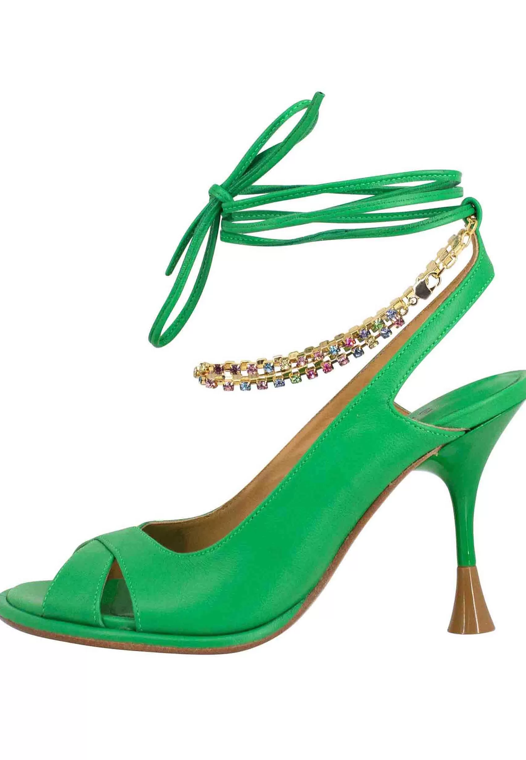Sandali Donna In Pelle Verde Con Tacco Alto E Cavigliera Gioiello** Flash Sale