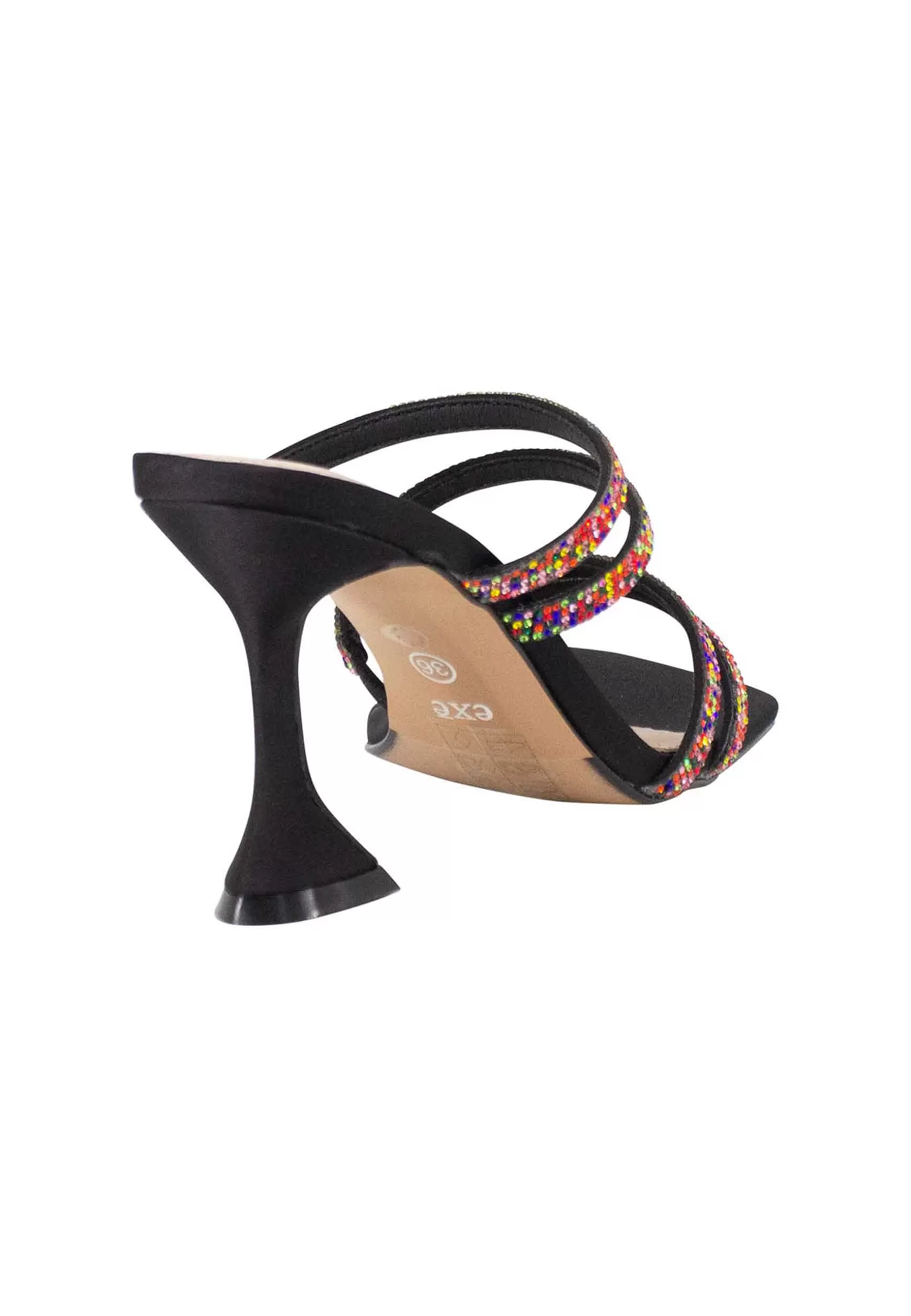 Sandali Donna In Tessuto Nero Con Tacco Alto E Strass Multicolore*Exe Shop