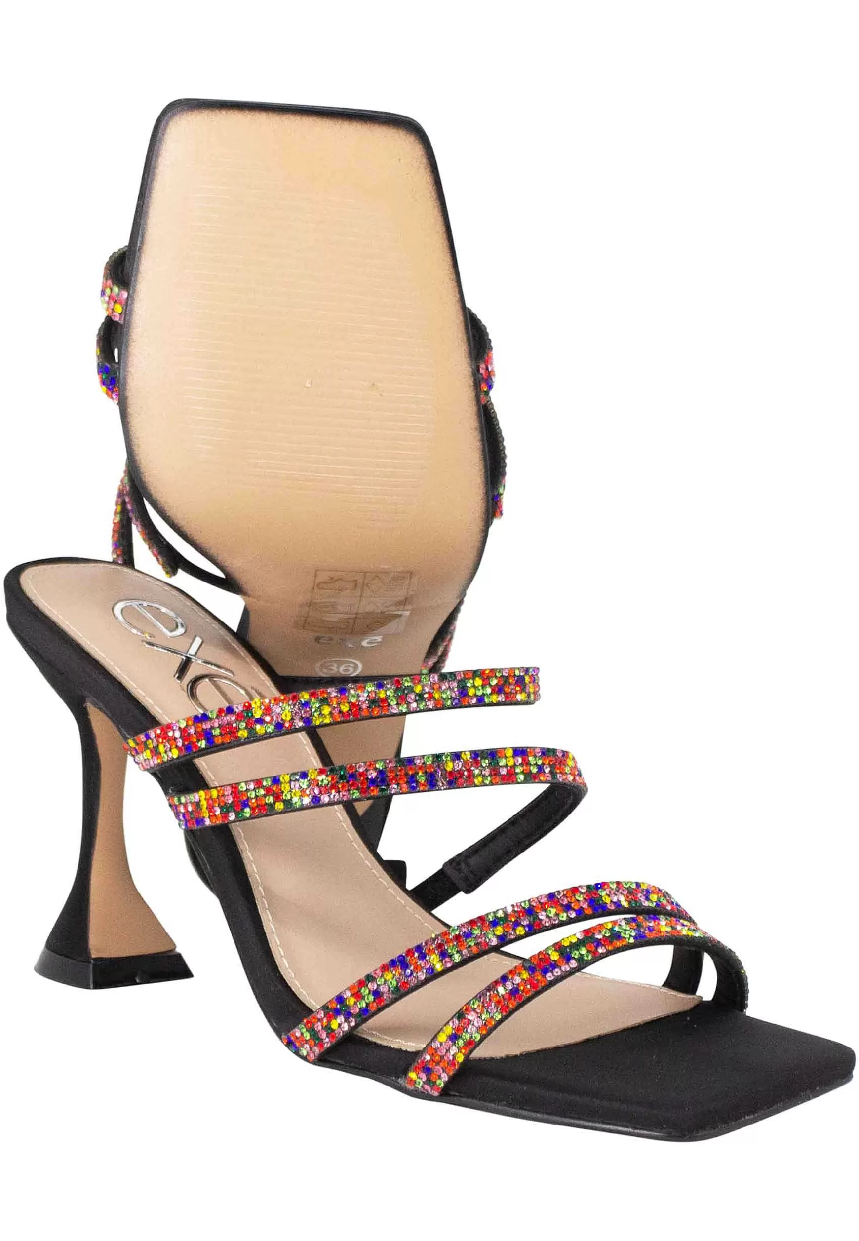 Sandali Donna In Tessuto Nero Con Tacco Alto E Strass Multicolore*Exe Shop