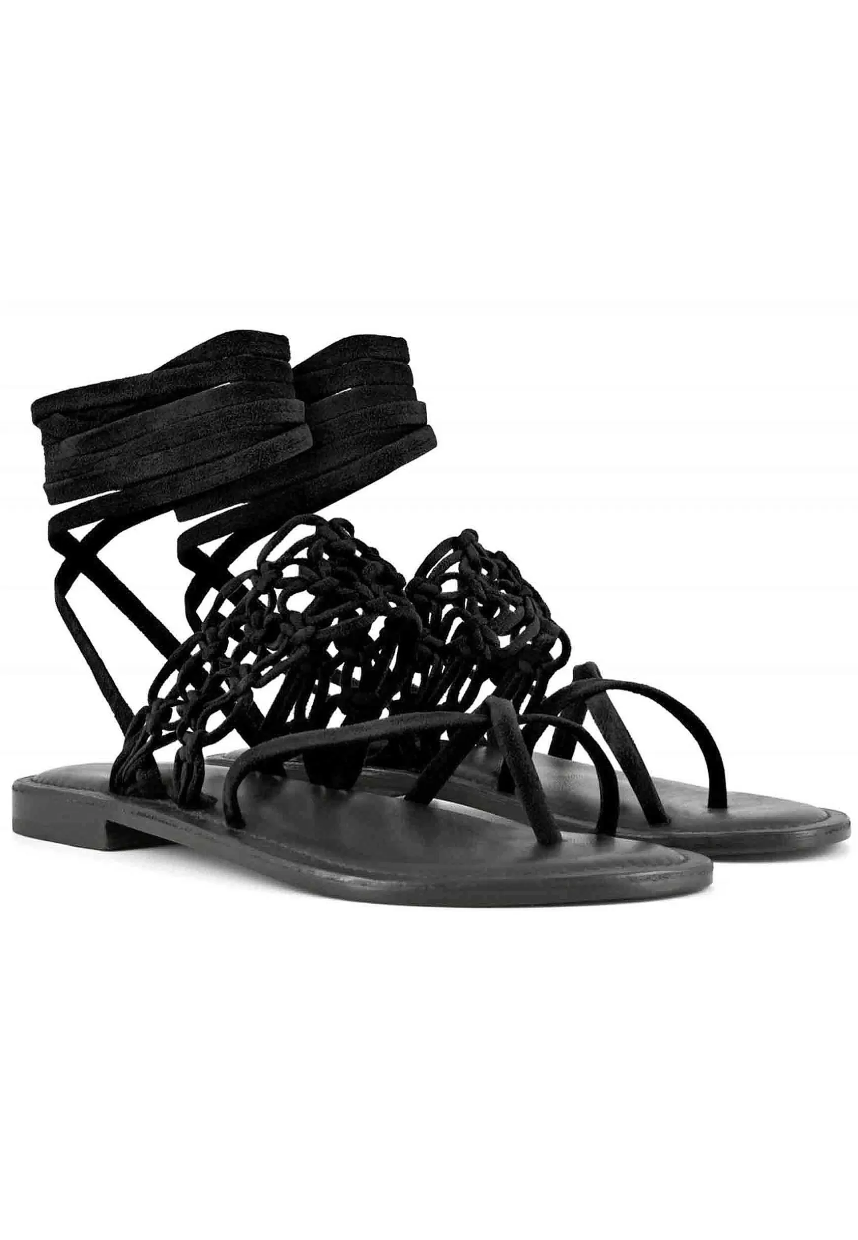 Sandali Donna Infradito Nodi In Camoscio Nero Con Laccetti Alla Caviglia*Coral Blue New