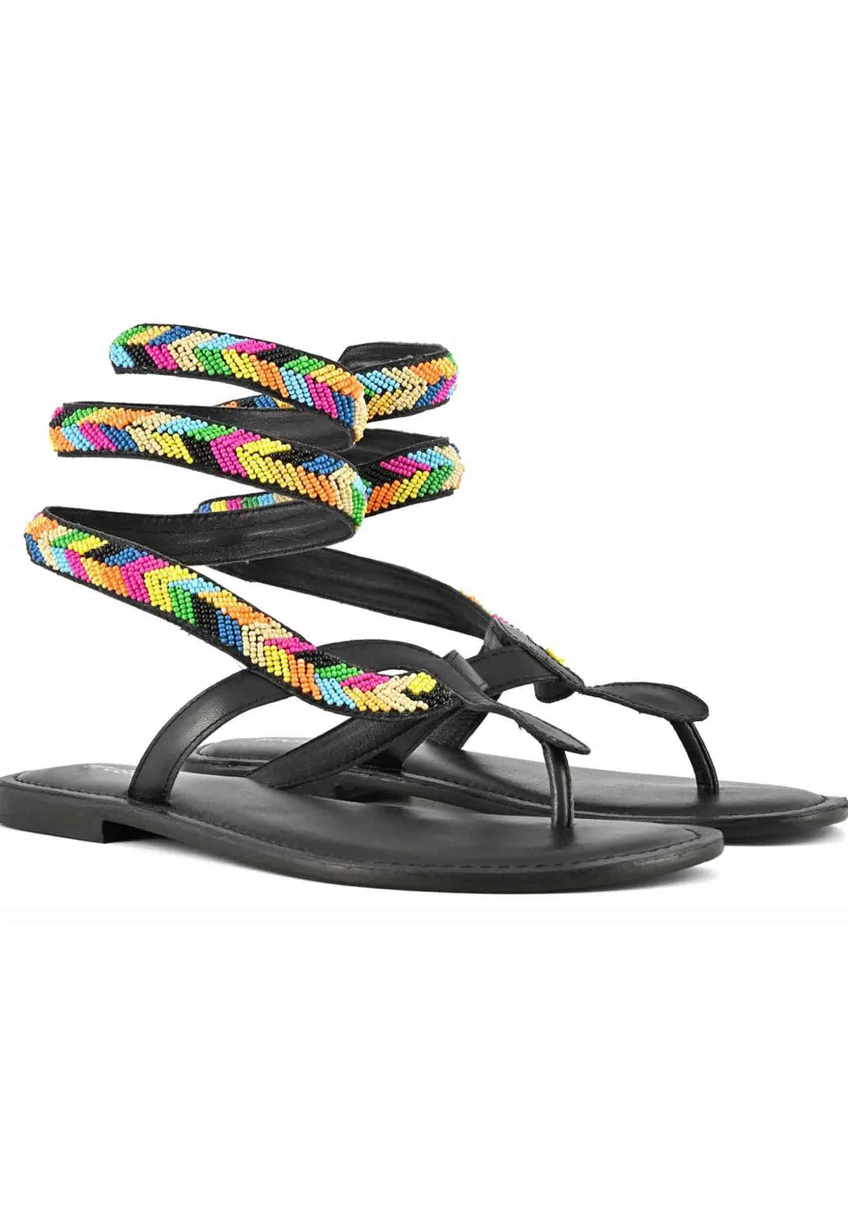 Sandali Donna Infradito Wrap Up In Pelle Nera Con Perline E Cavigliera*Coral Blue Best Sale