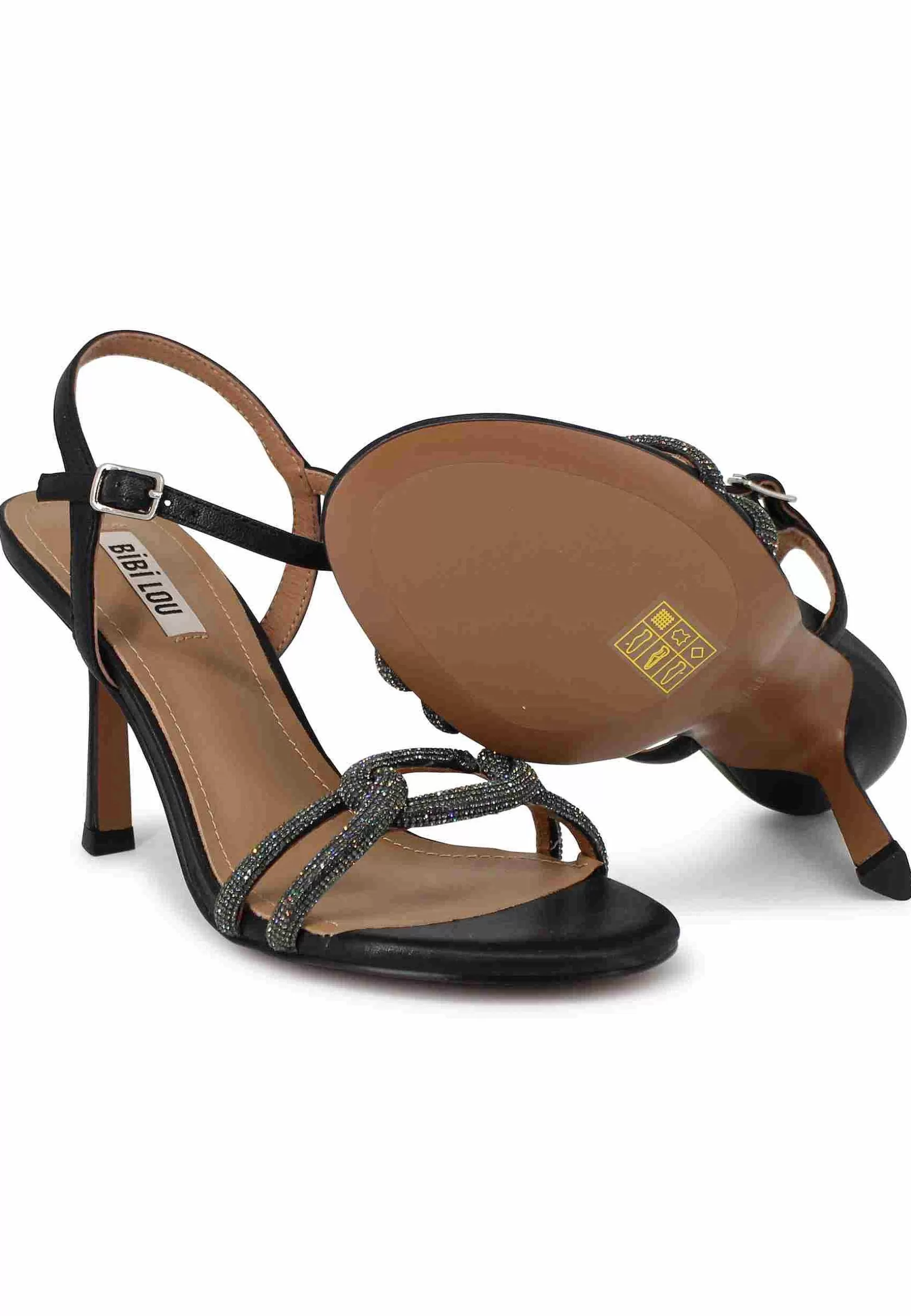 Sandali Donna Katia In Pelle Nera Tacco Alto Con Strass E Cinturino Alla Caviglia*Bibi Lou Cheap