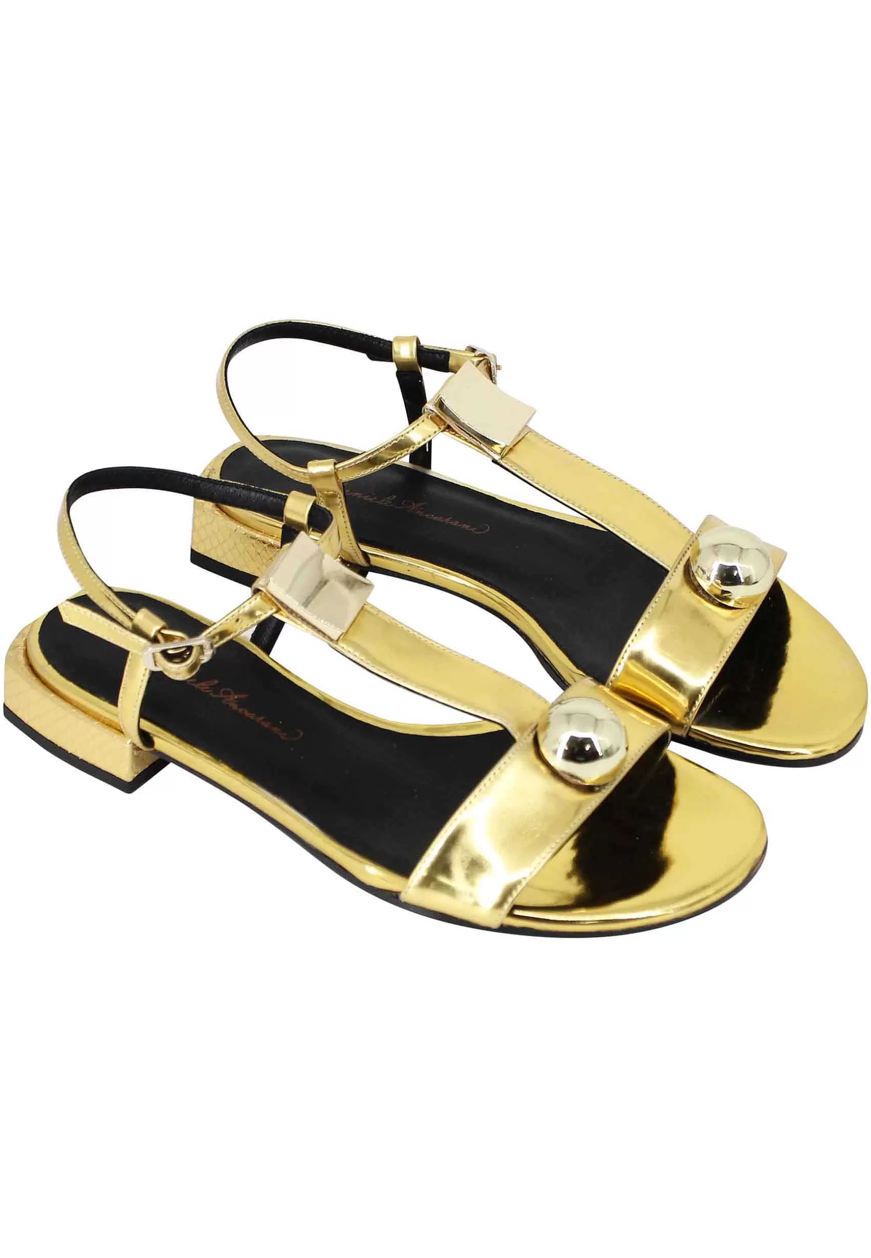 Sandali Donna Slingback In Pelle Oro Con Accessori In Tinta E Tacco Basso*Daniele Ancarani Hot