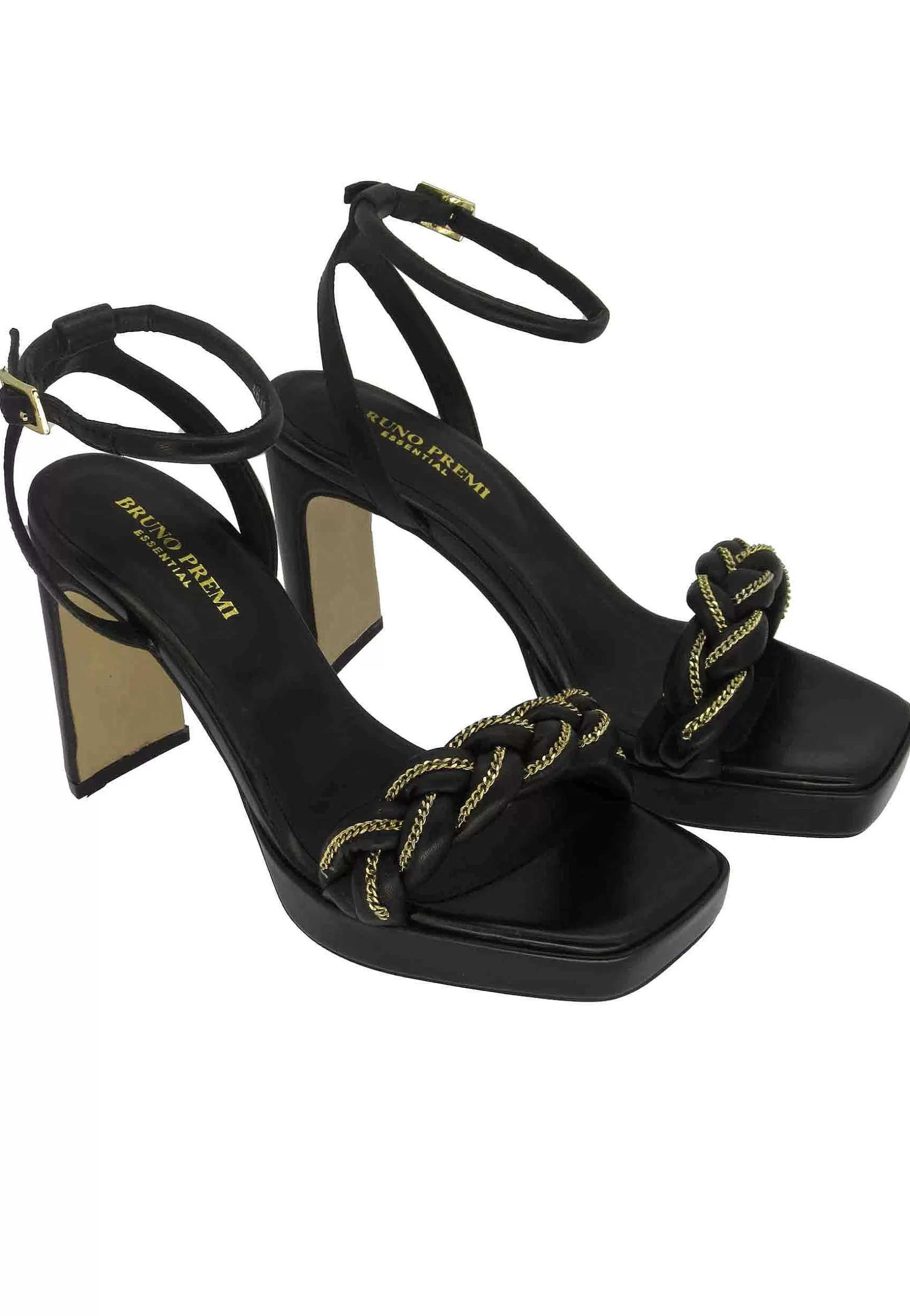Sandali Donna Tea Crui In Pelle Nera Con Catena Oro E Tacco Alto*Bruno Premi Discount