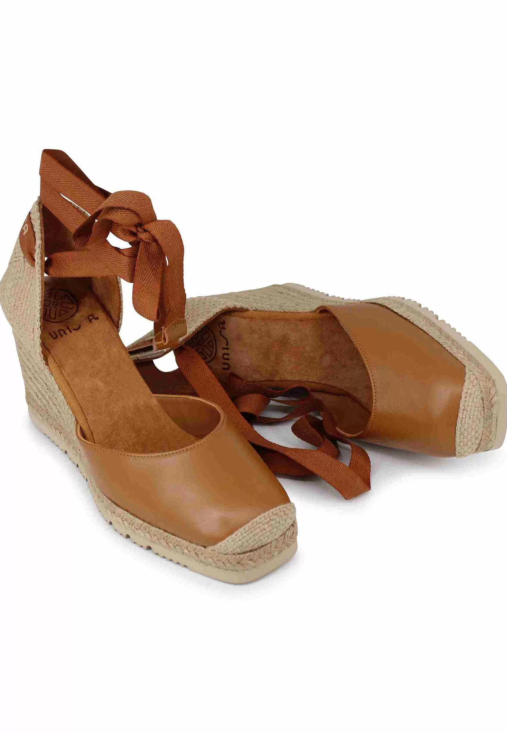 Sandali Espadrillas Donna In Pelle Cuoio Con Lacci Alla Caviglia E Zeppa Alta*Unisa Cheap