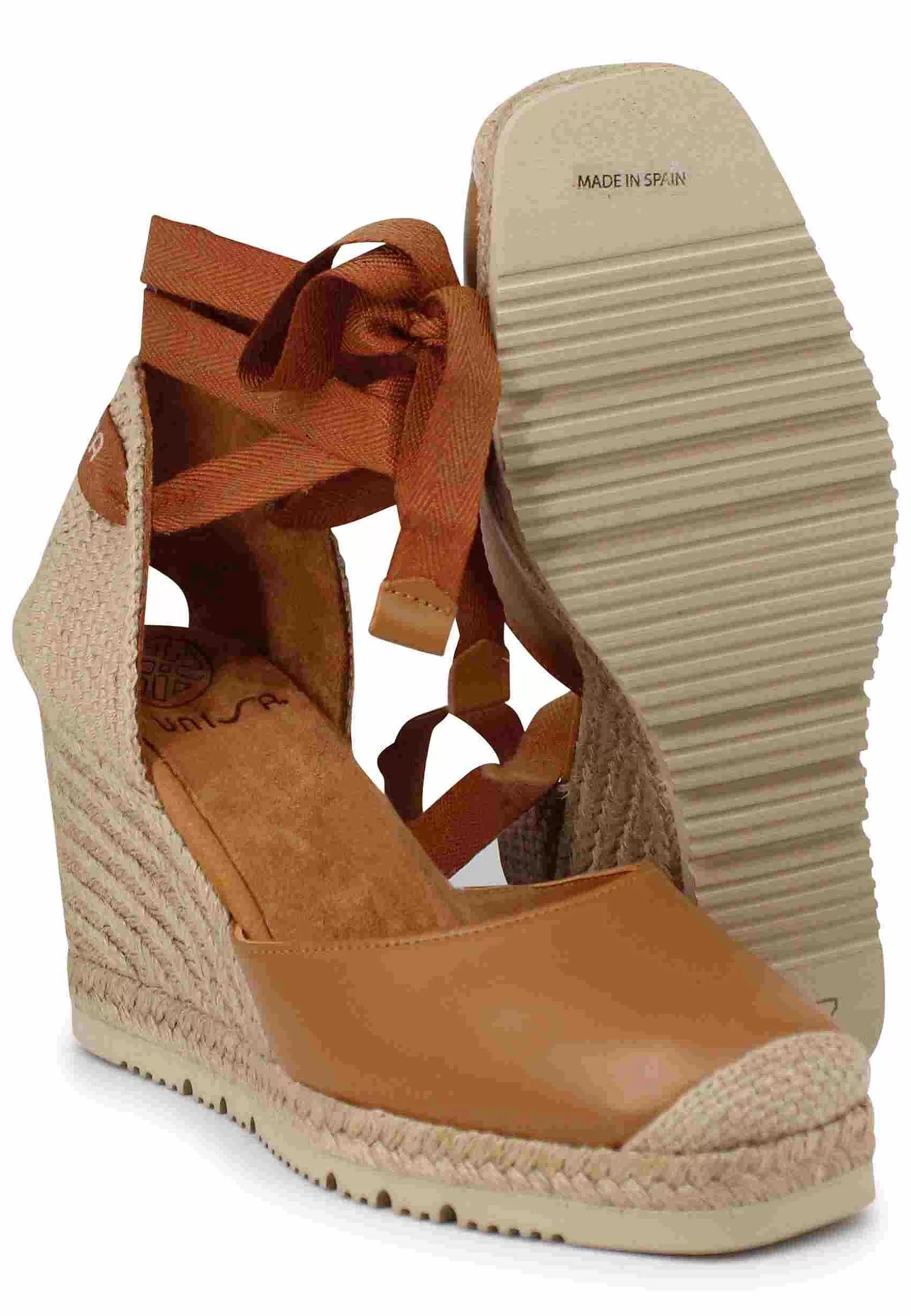 Sandali Espadrillas Donna In Pelle Cuoio Con Lacci Alla Caviglia E Zeppa Alta*Unisa Cheap