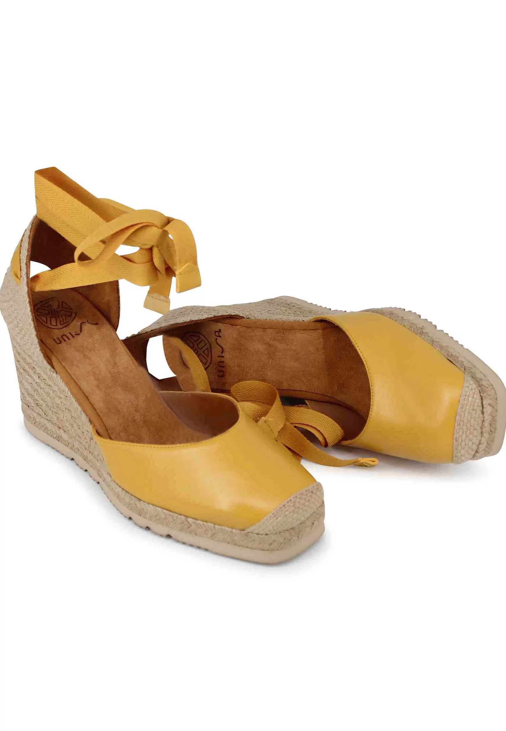 Sandali Espadrillas Donna In Pelle Gialla Con Lacci Alla Caviglia E Zeppa Alta*Unisa Online