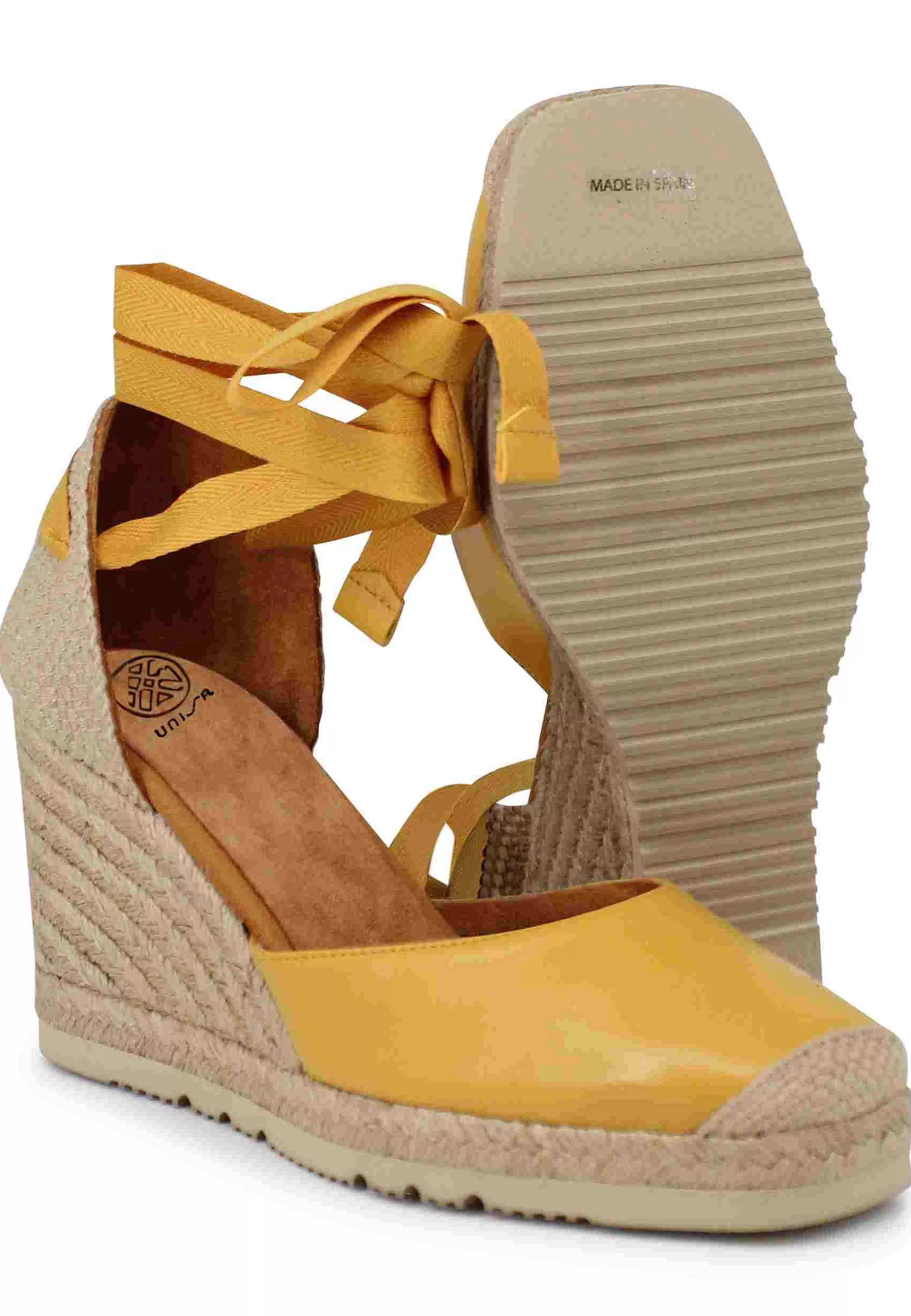 Sandali Espadrillas Donna In Pelle Gialla Con Lacci Alla Caviglia E Zeppa Alta*Unisa Online