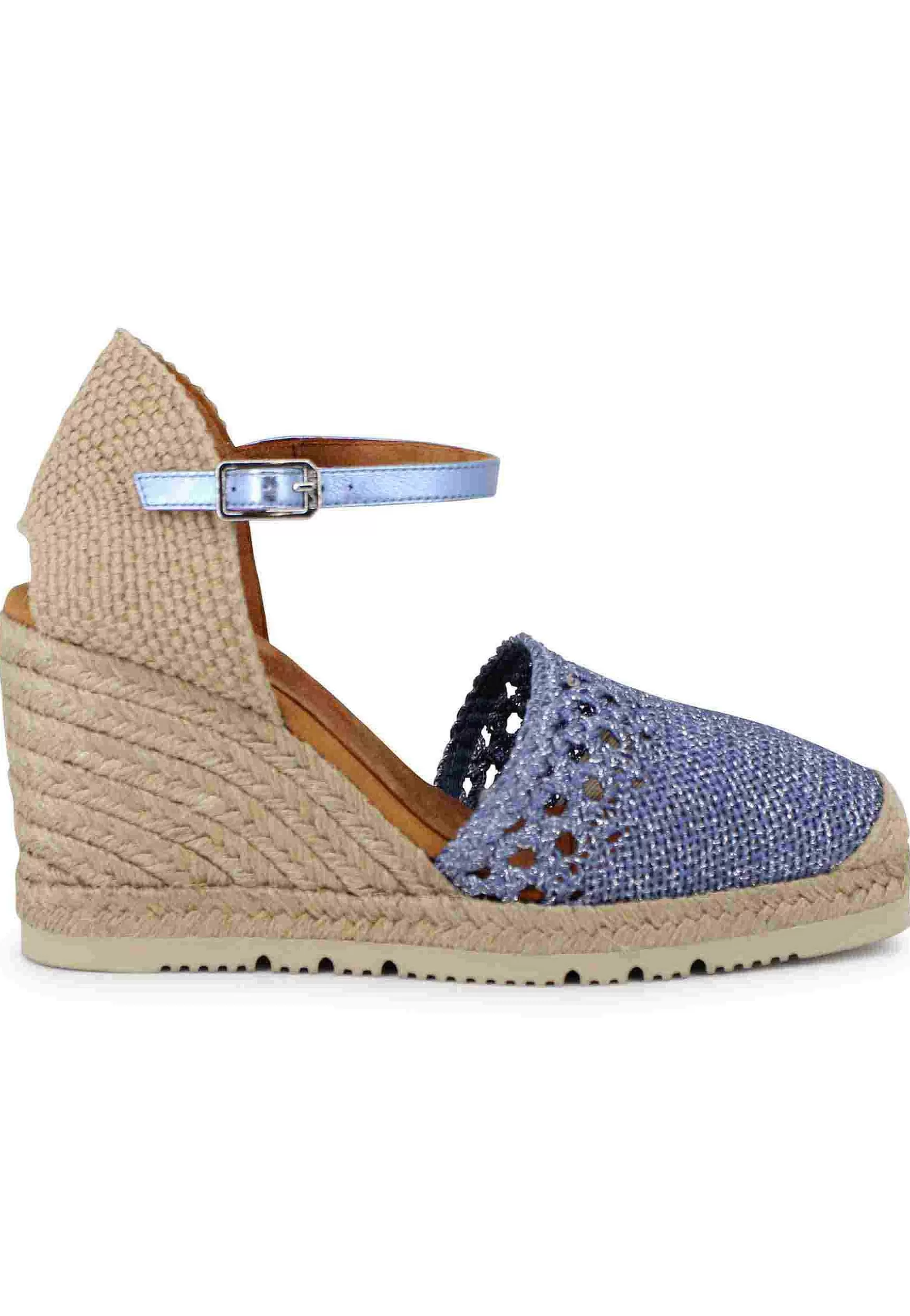 Sandali Espadrillas Donna In Tessuto Laminato Blu Con Cinturino Alla Caviglia E Zeppa Alta*Unisa Sale