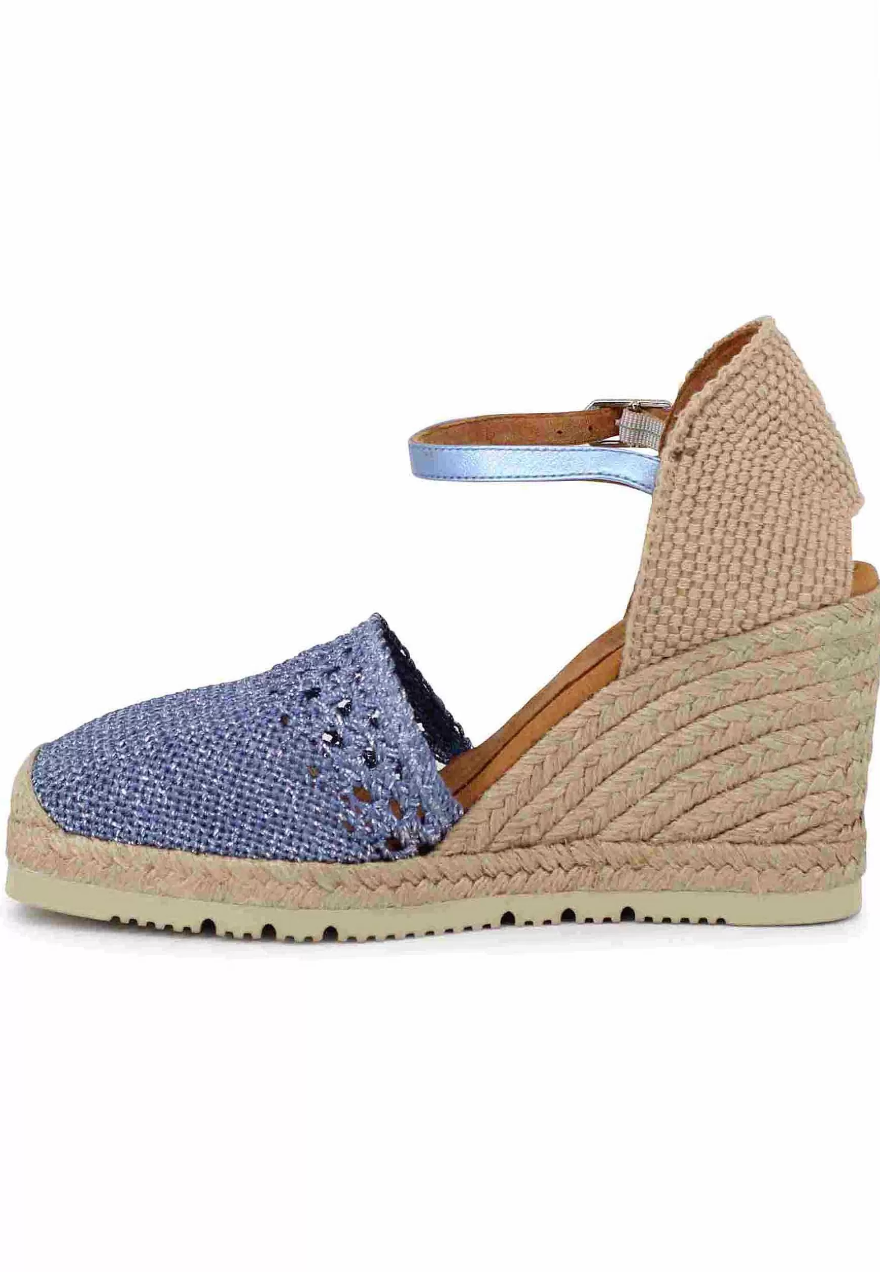 Sandali Espadrillas Donna In Tessuto Laminato Blu Con Cinturino Alla Caviglia E Zeppa Alta*Unisa Sale