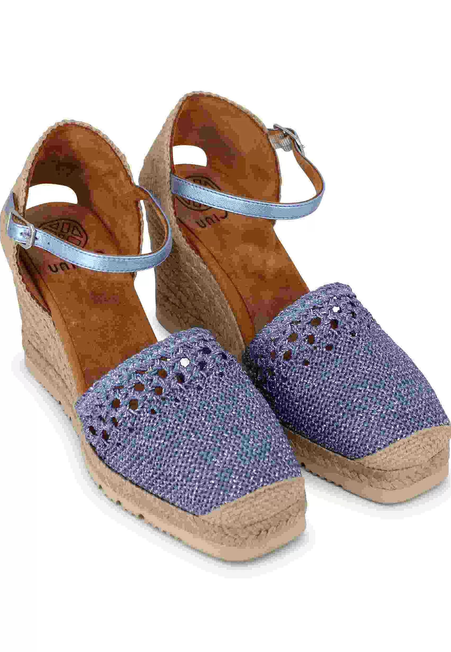 Sandali Espadrillas Donna In Tessuto Laminato Blu Con Cinturino Alla Caviglia E Zeppa Alta*Unisa Sale