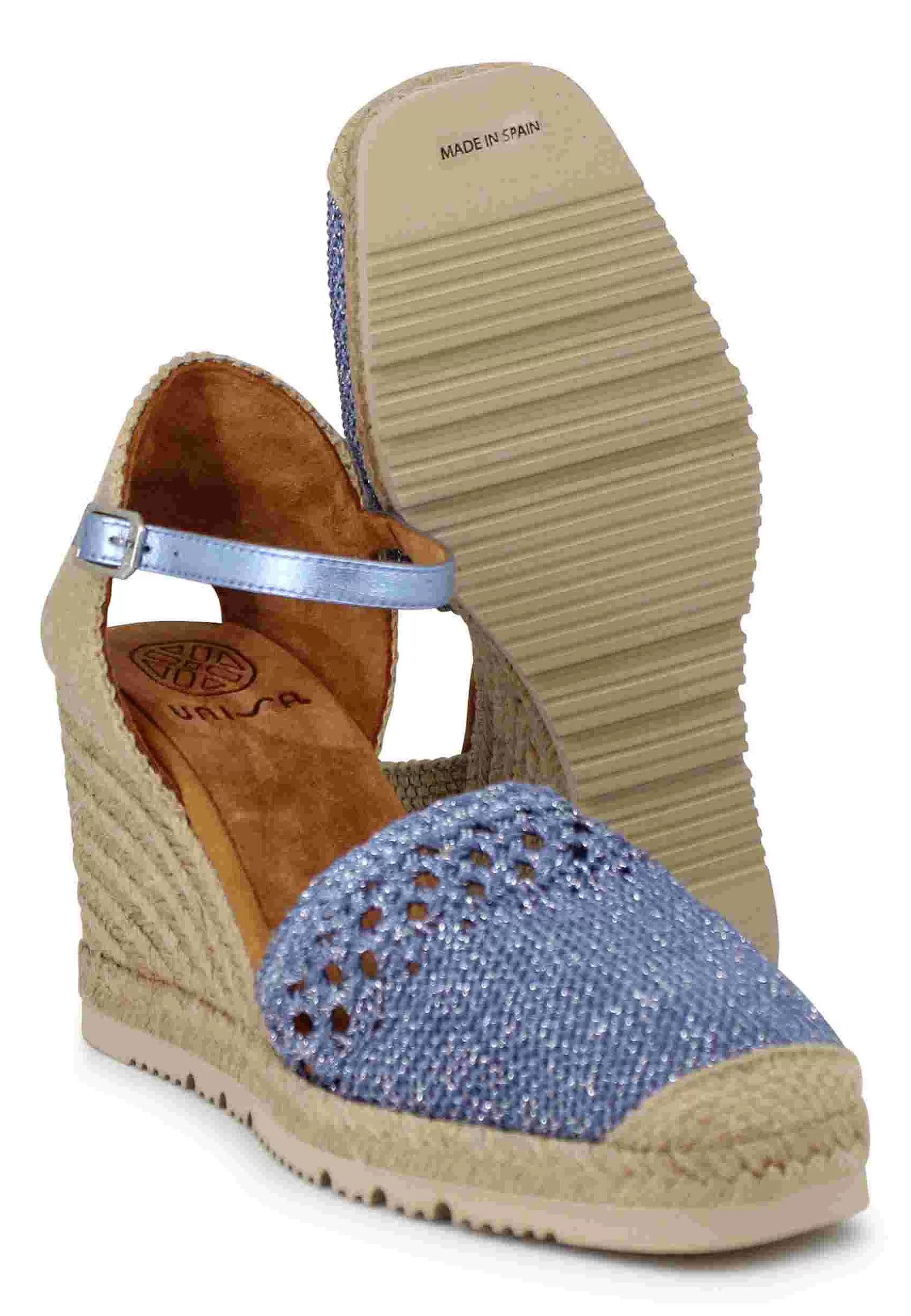 Sandali Espadrillas Donna In Tessuto Laminato Blu Con Cinturino Alla Caviglia E Zeppa Alta*Unisa Sale