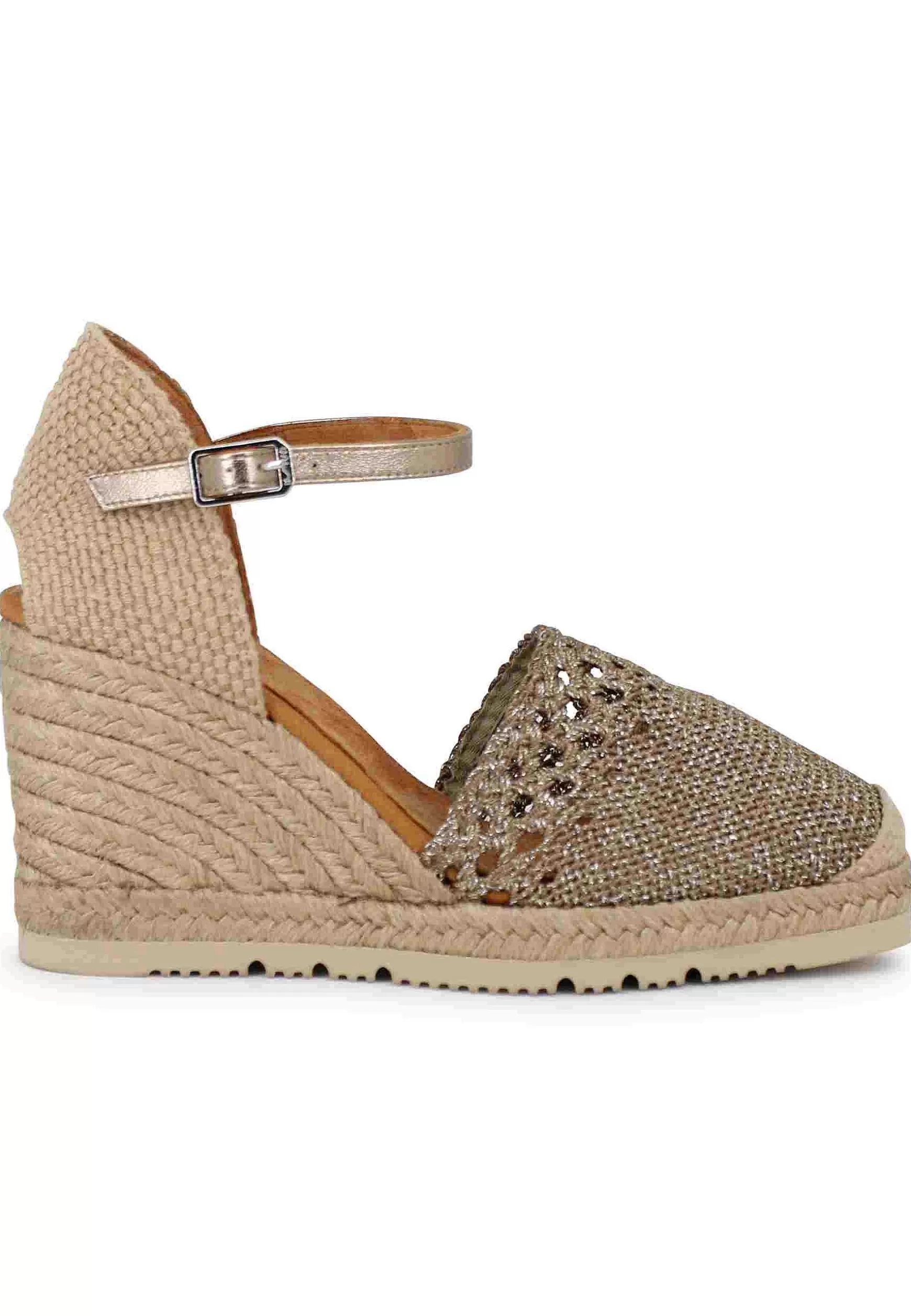 Sandali Espadrillas Donna In Tessuto Laminato Bronzo Con Cinturino Alla Caviglia E Zeppa Alta*Unisa Clearance