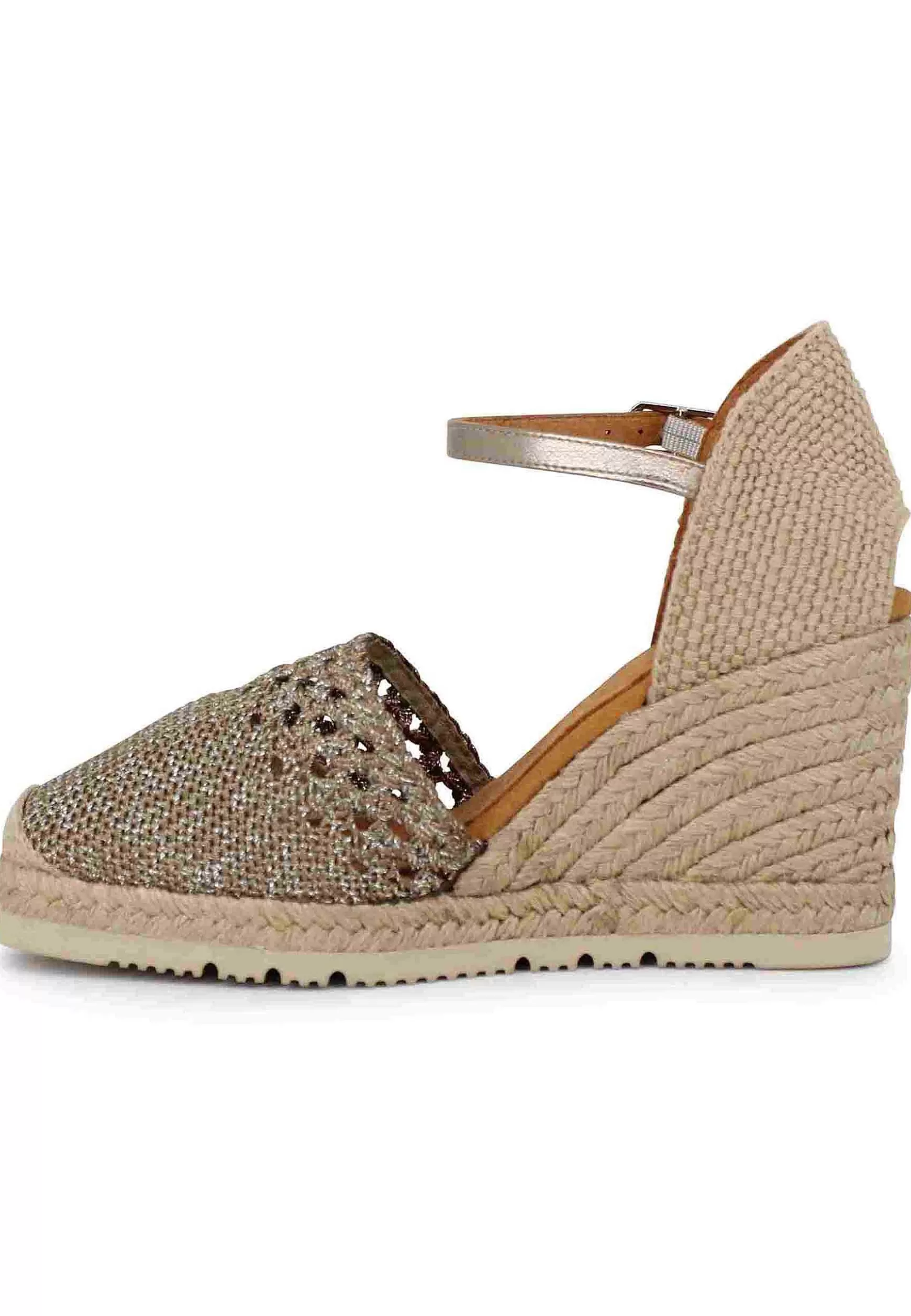 Sandali Espadrillas Donna In Tessuto Laminato Bronzo Con Cinturino Alla Caviglia E Zeppa Alta*Unisa Clearance