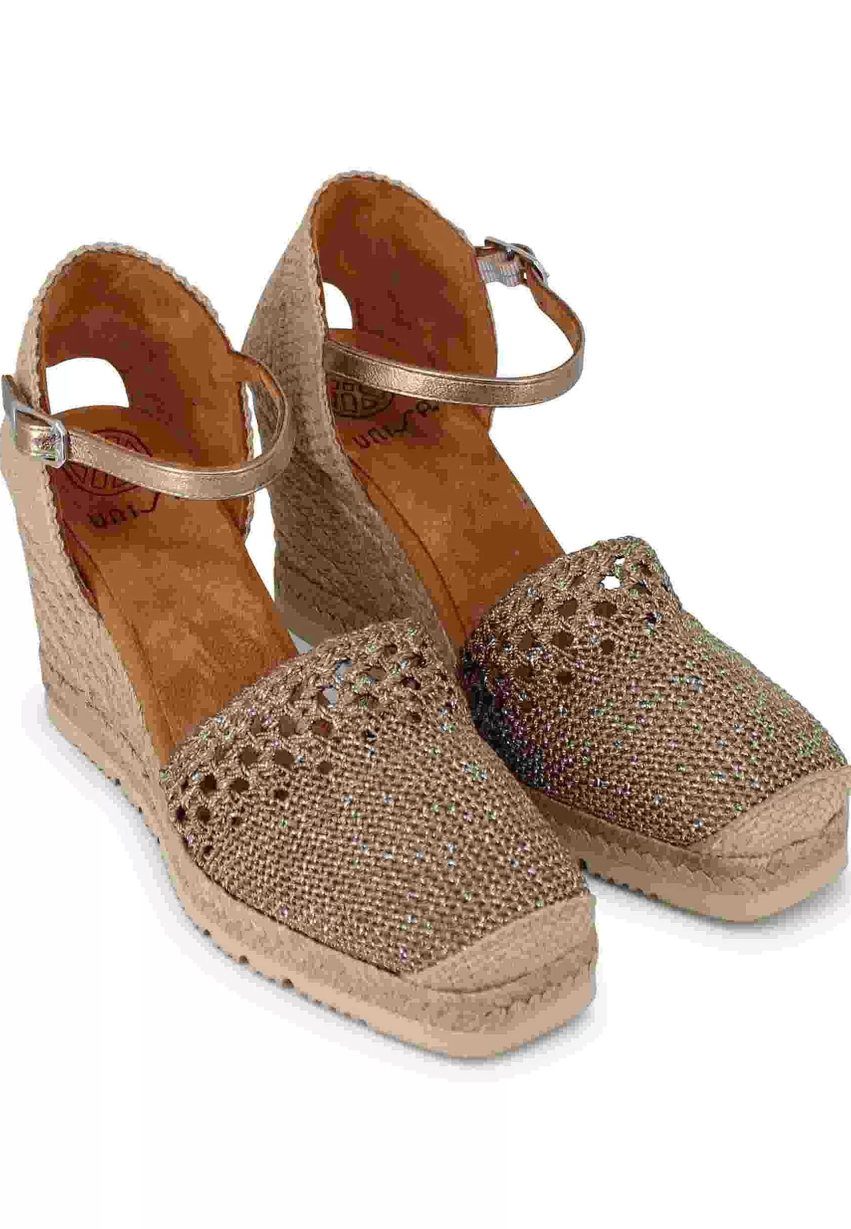 Sandali Espadrillas Donna In Tessuto Laminato Bronzo Con Cinturino Alla Caviglia E Zeppa Alta*Unisa Clearance