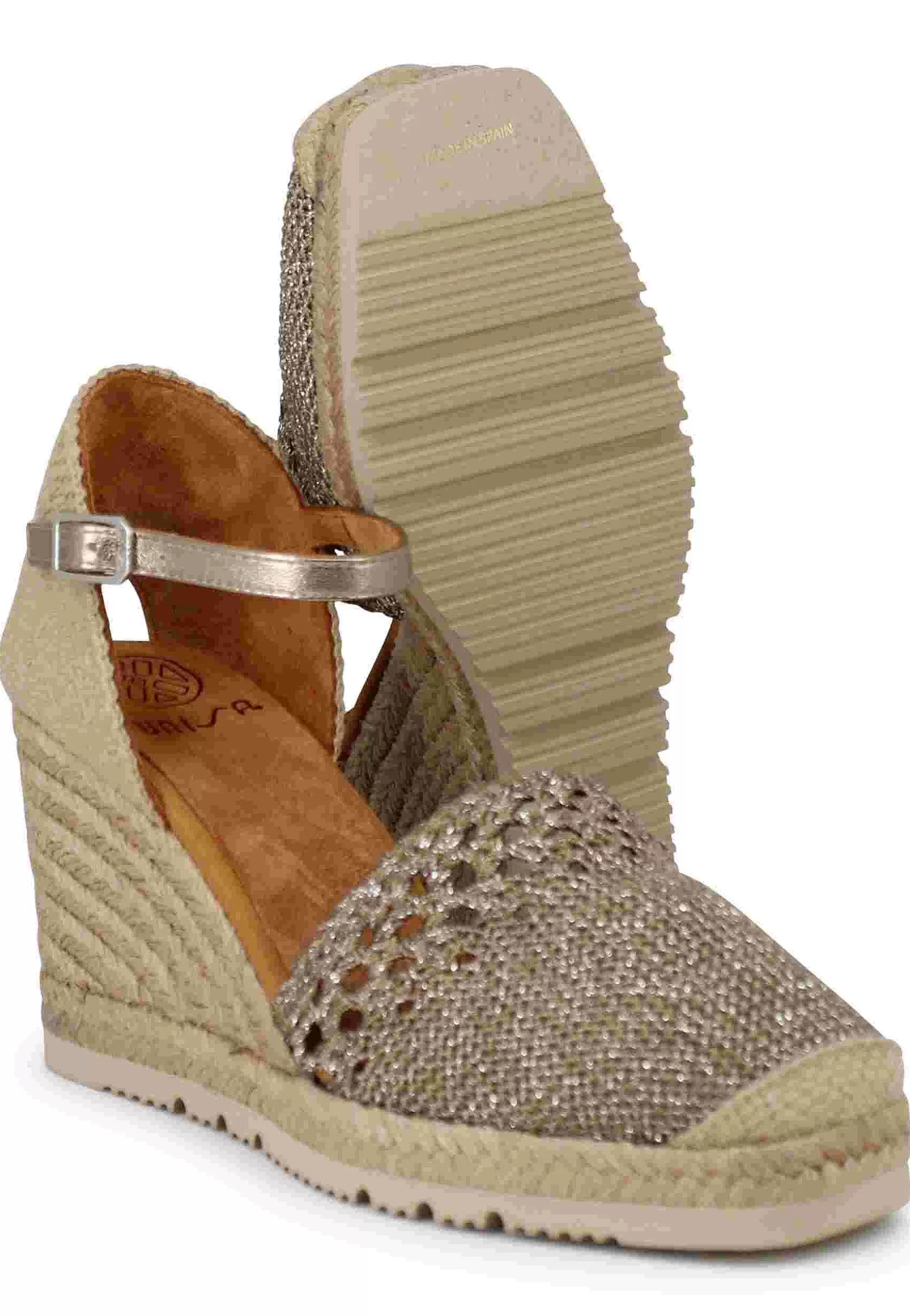 Sandali Espadrillas Donna In Tessuto Laminato Bronzo Con Cinturino Alla Caviglia E Zeppa Alta*Unisa Clearance
