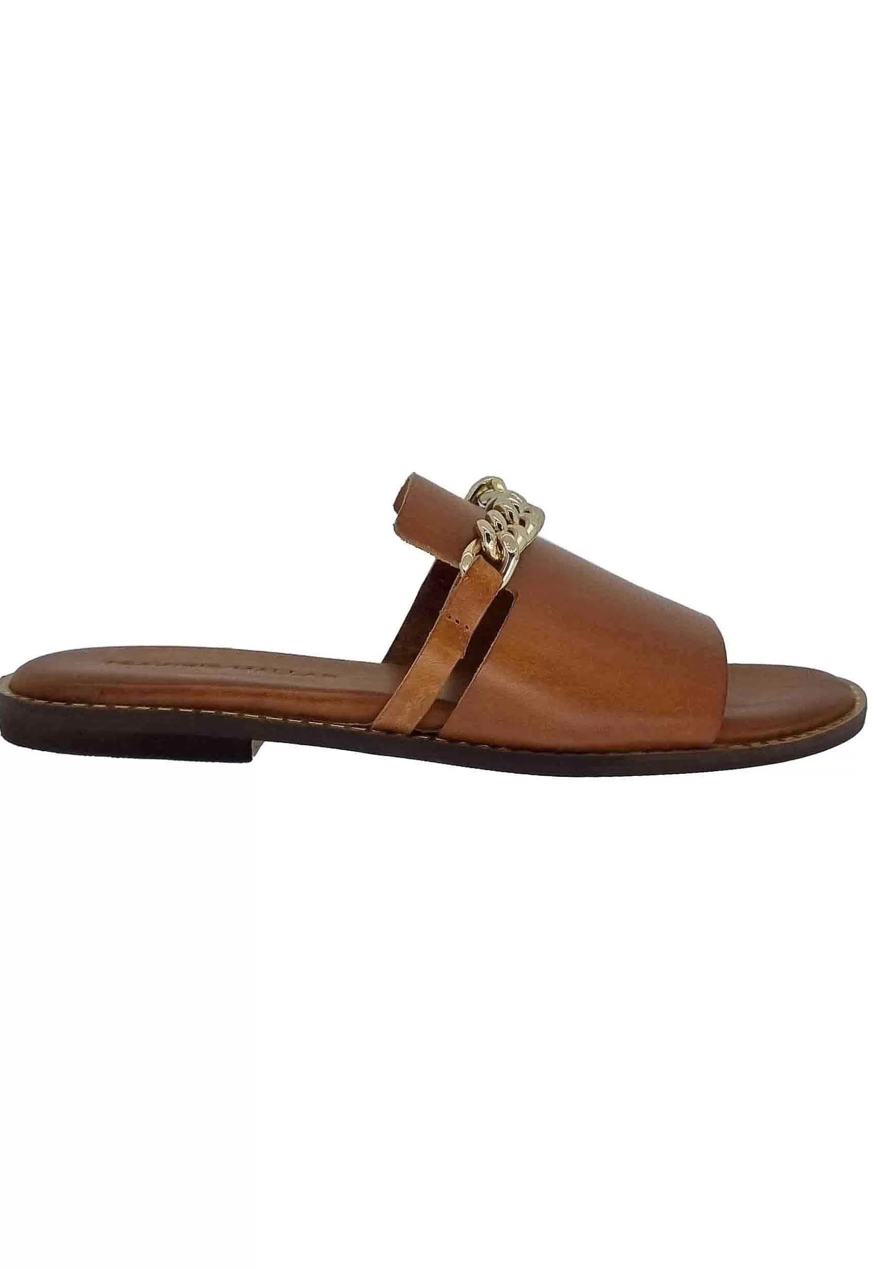 Sandali Flat Donna In Pelle Cuoio Con Catena Oro*Tsakiris Mallas Best Sale