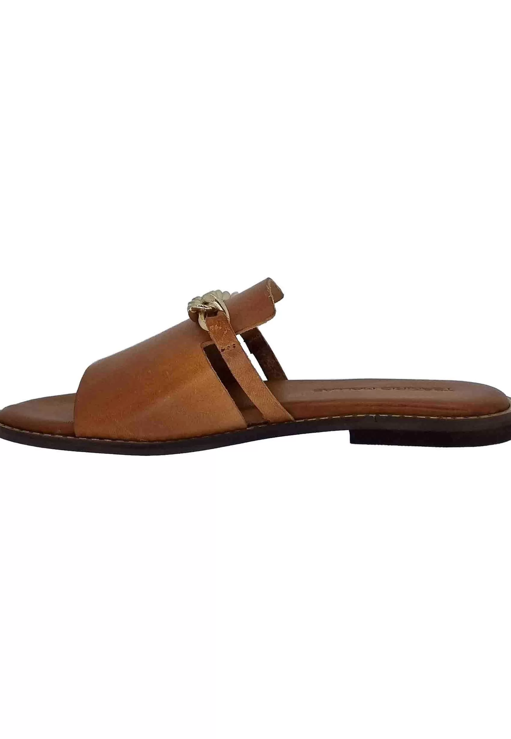 Sandali Flat Donna In Pelle Cuoio Con Catena Oro*Tsakiris Mallas Best Sale