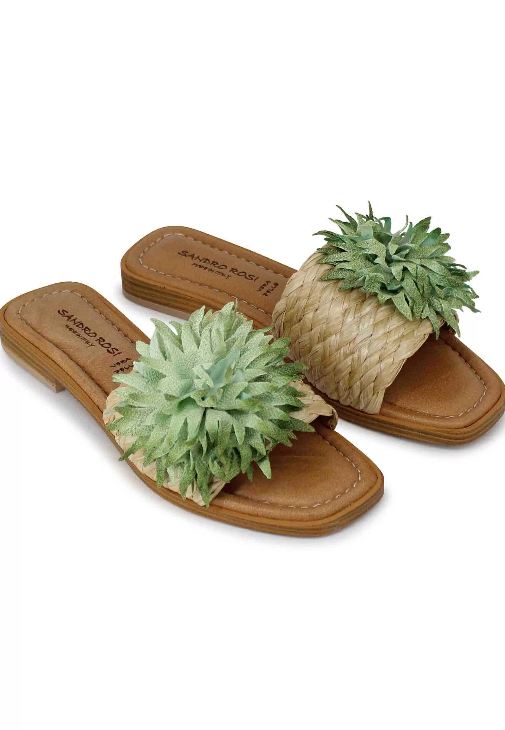 Sandali Flat Donna In Tessuto Naturale Con Fiore Verde*Sandro Rosi Fashion