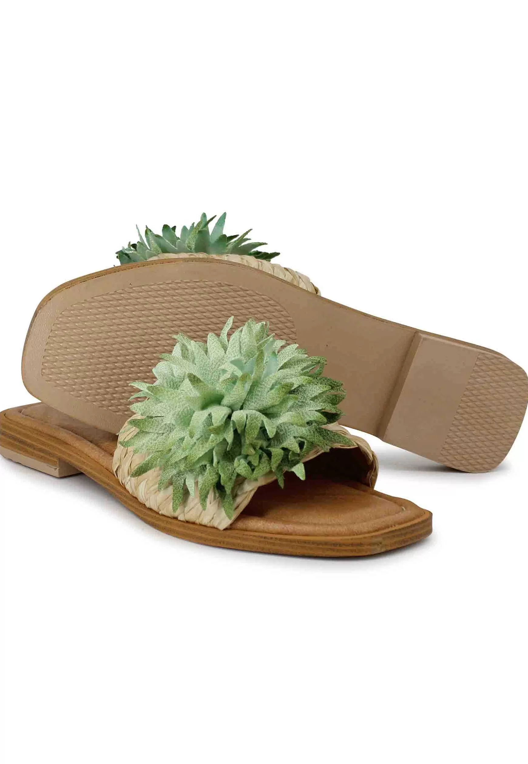 Sandali Flat Donna In Tessuto Naturale Con Fiore Verde*Sandro Rosi Fashion