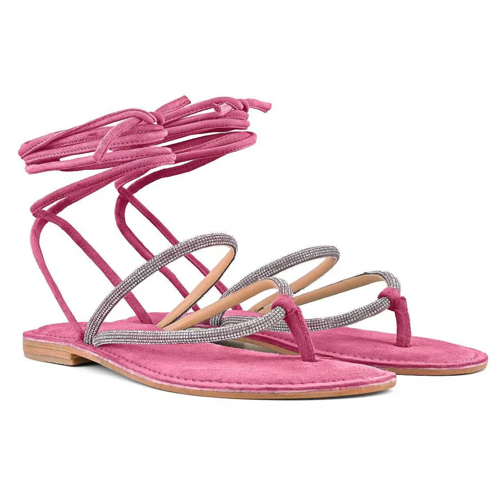 Sandali Flat Donna Infradito In Camoscio Fuxia Con Strass E Lacci Alla Caviglia*Coral Blue Cheap