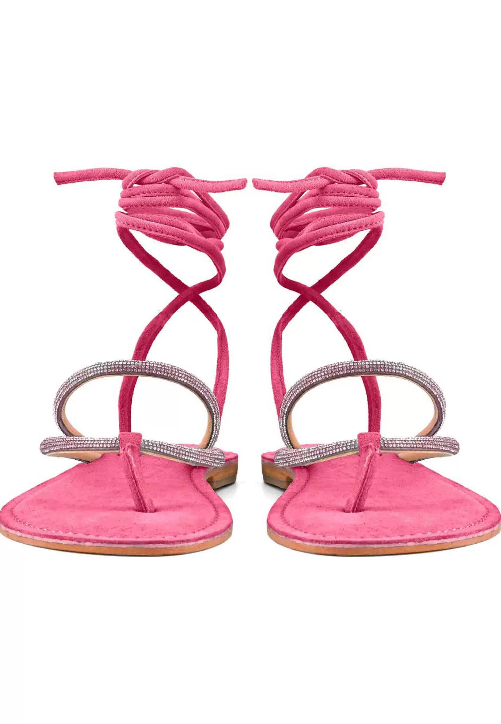 Sandali Flat Donna Infradito In Camoscio Fuxia Con Strass E Lacci Alla Caviglia*Coral Blue Cheap