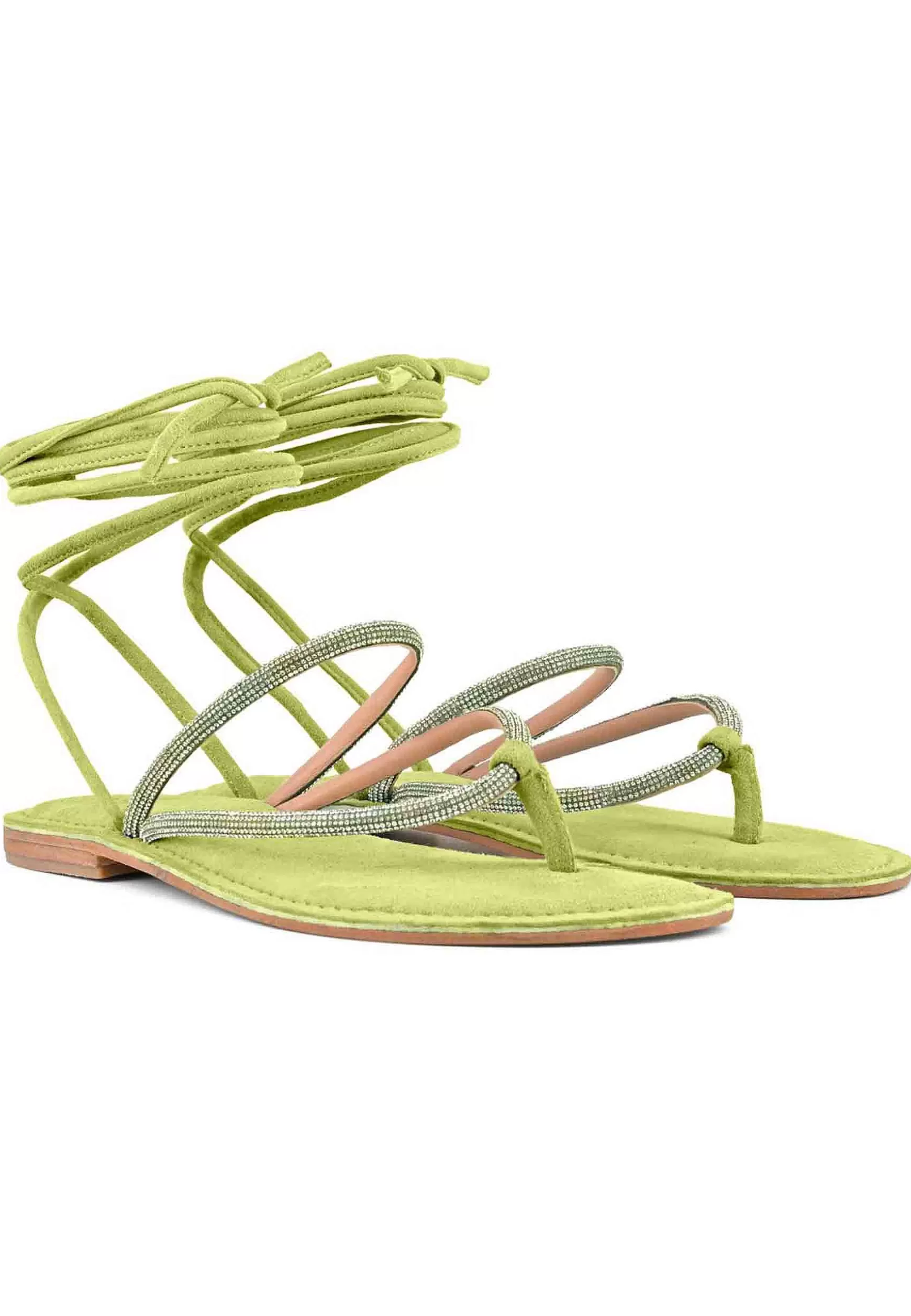 Sandali Flat Donna Infradito In Camoscio Verde Con Strass E Lacci Alla Caviglia*Coral Blue Clearance