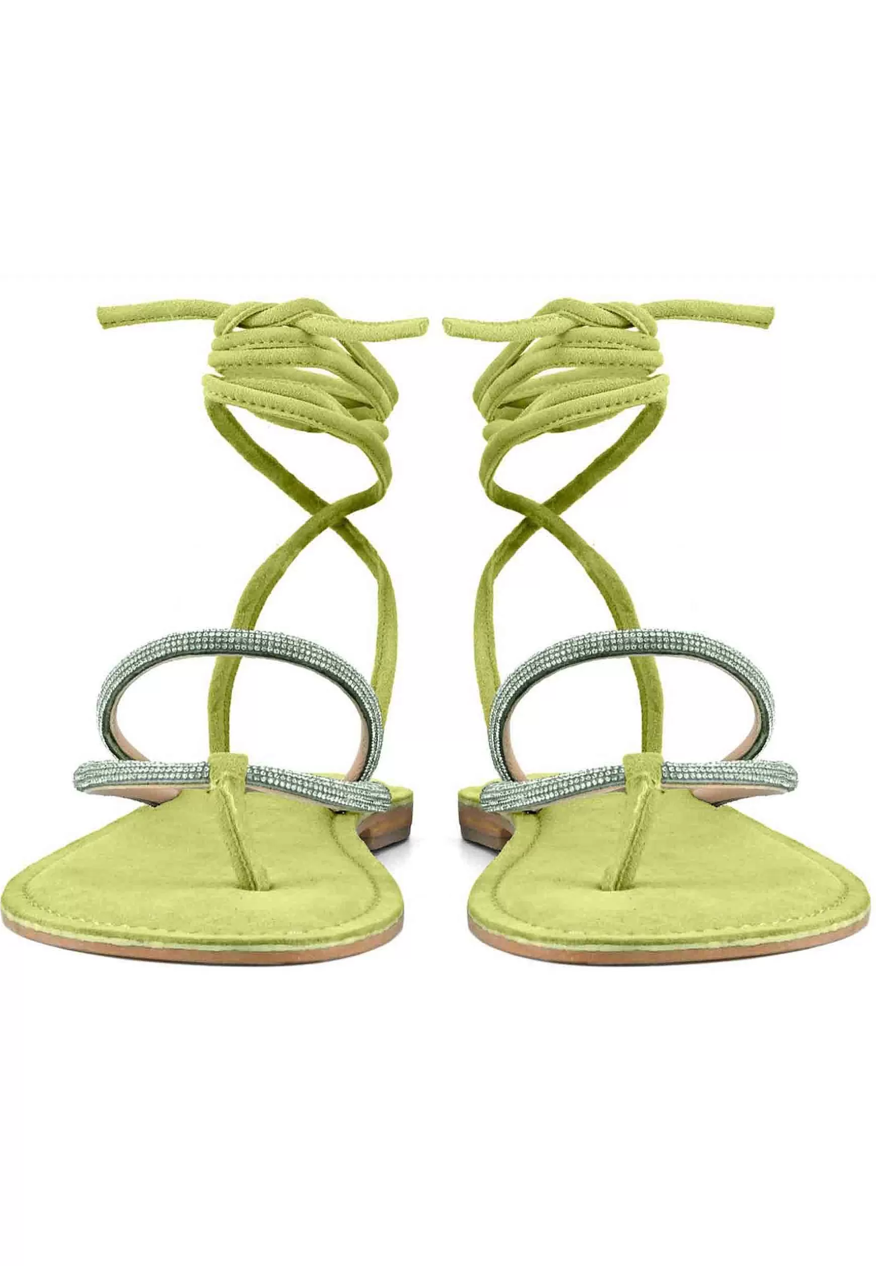 Sandali Flat Donna Infradito In Camoscio Verde Con Strass E Lacci Alla Caviglia*Coral Blue Clearance