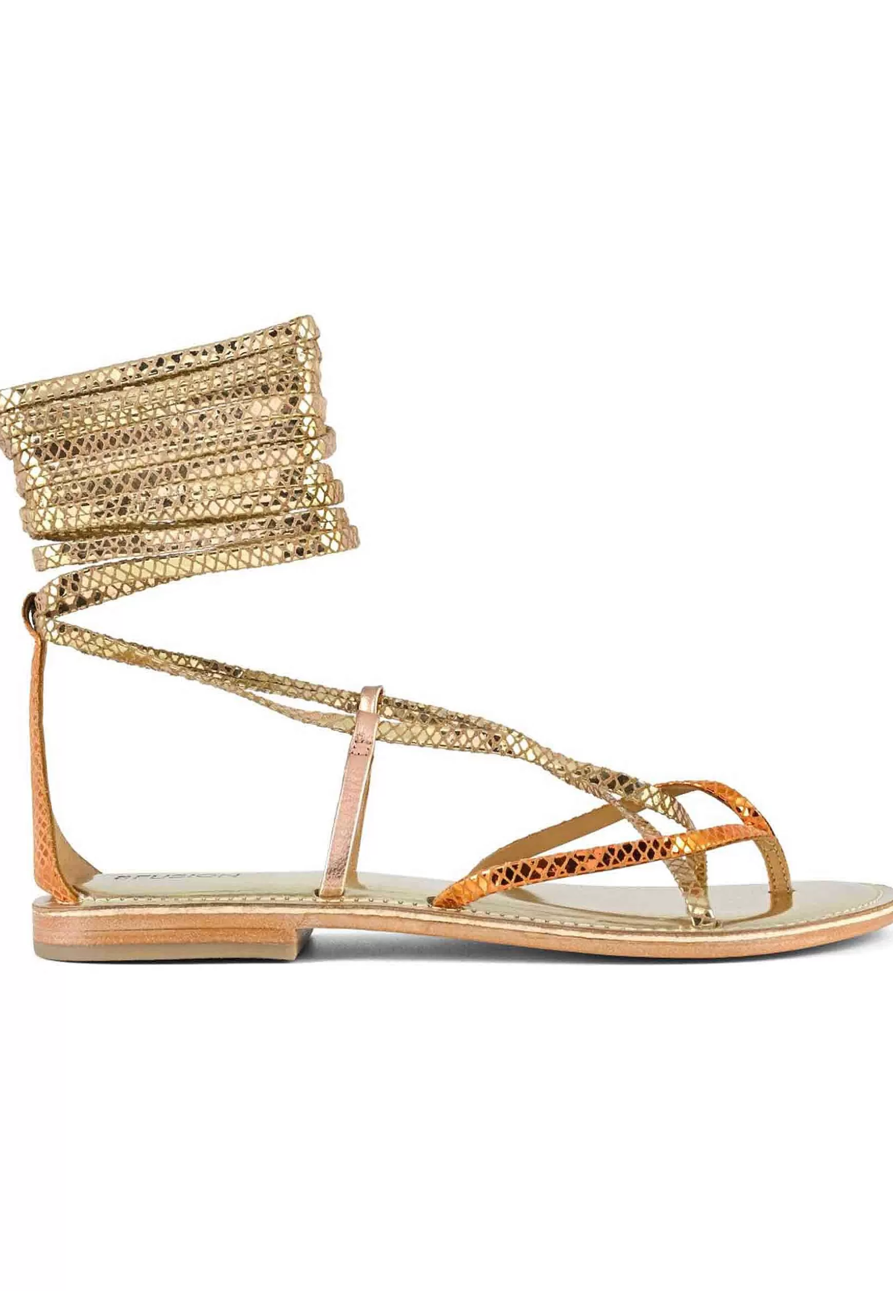 Sandali Flat Donna Infradito In Pelle Oro Con Lacci Alla Caviglia*Coral Blue Store