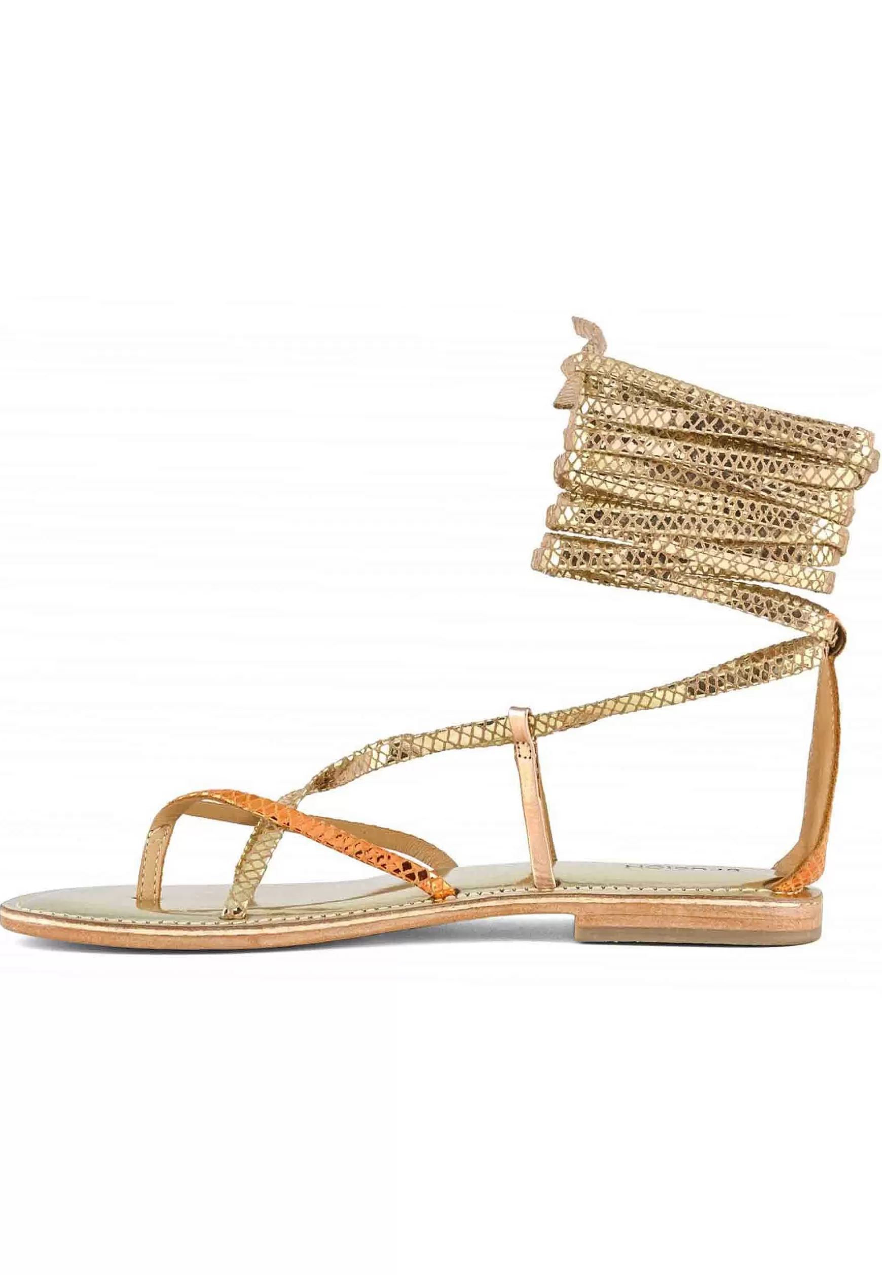 Sandali Flat Donna Infradito In Pelle Oro Con Lacci Alla Caviglia*Coral Blue Store