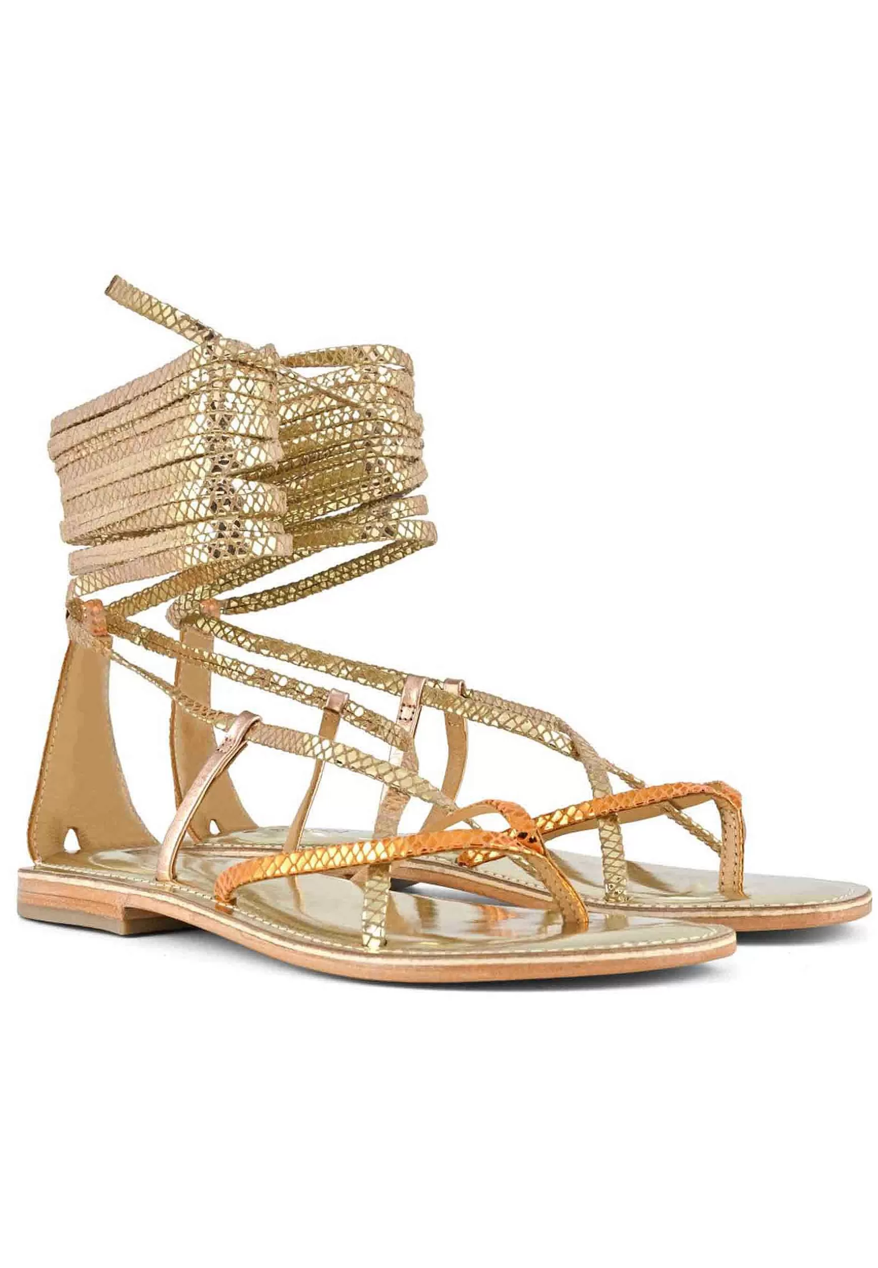 Sandali Flat Donna Infradito In Pelle Oro Con Lacci Alla Caviglia*Coral Blue Store