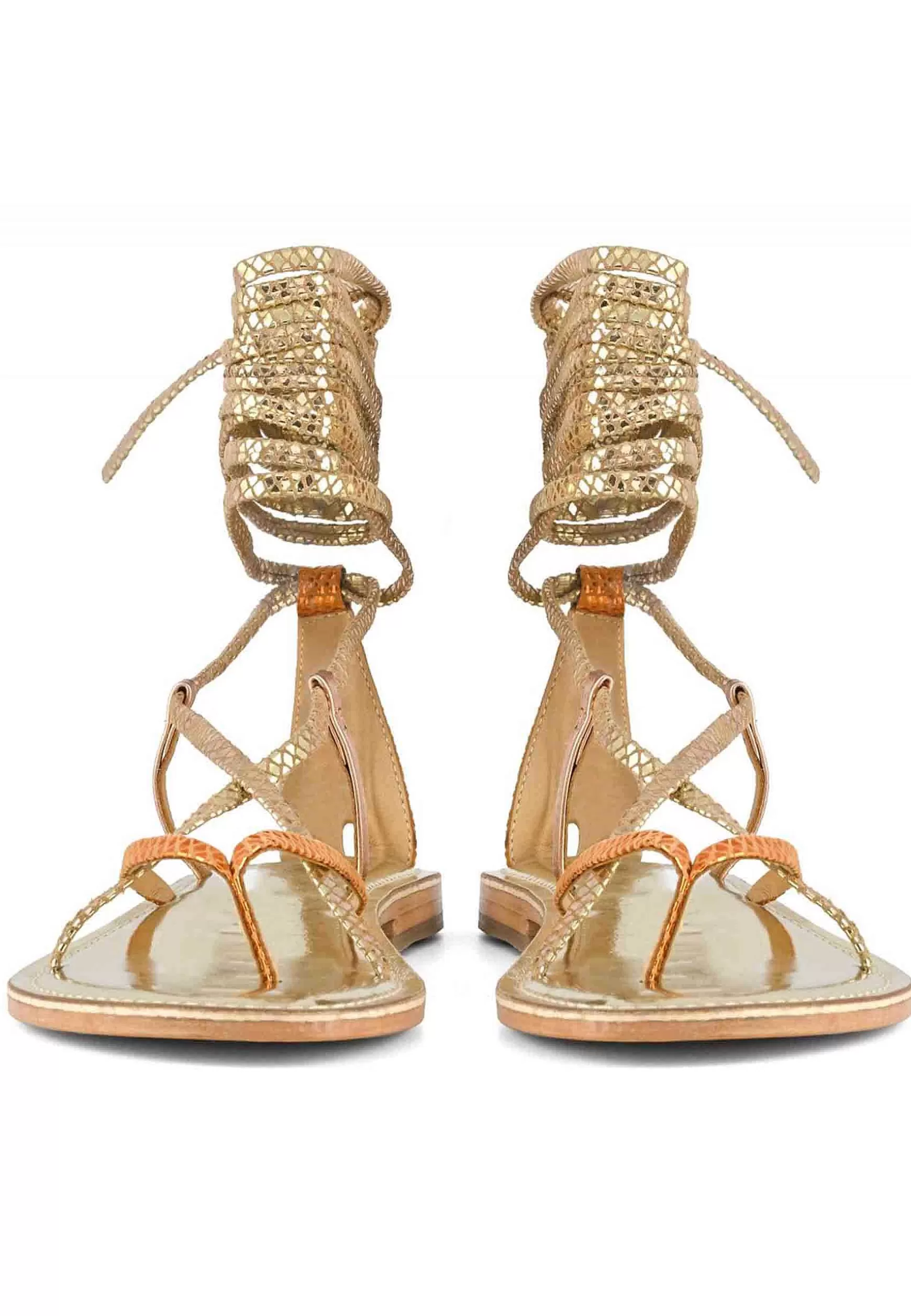 Sandali Flat Donna Infradito In Pelle Oro Con Lacci Alla Caviglia*Coral Blue Store