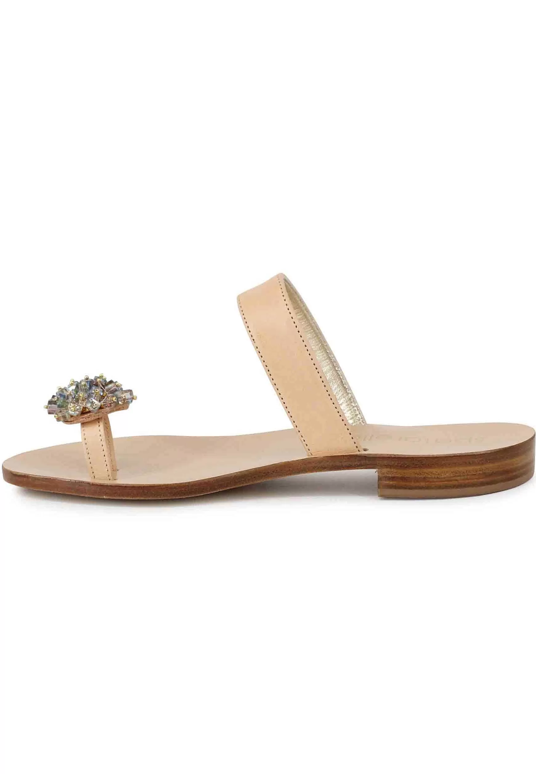 Sandali Infradito Donna In Pelle Naturale Con Gioiello E Tacco Basso** Fashion