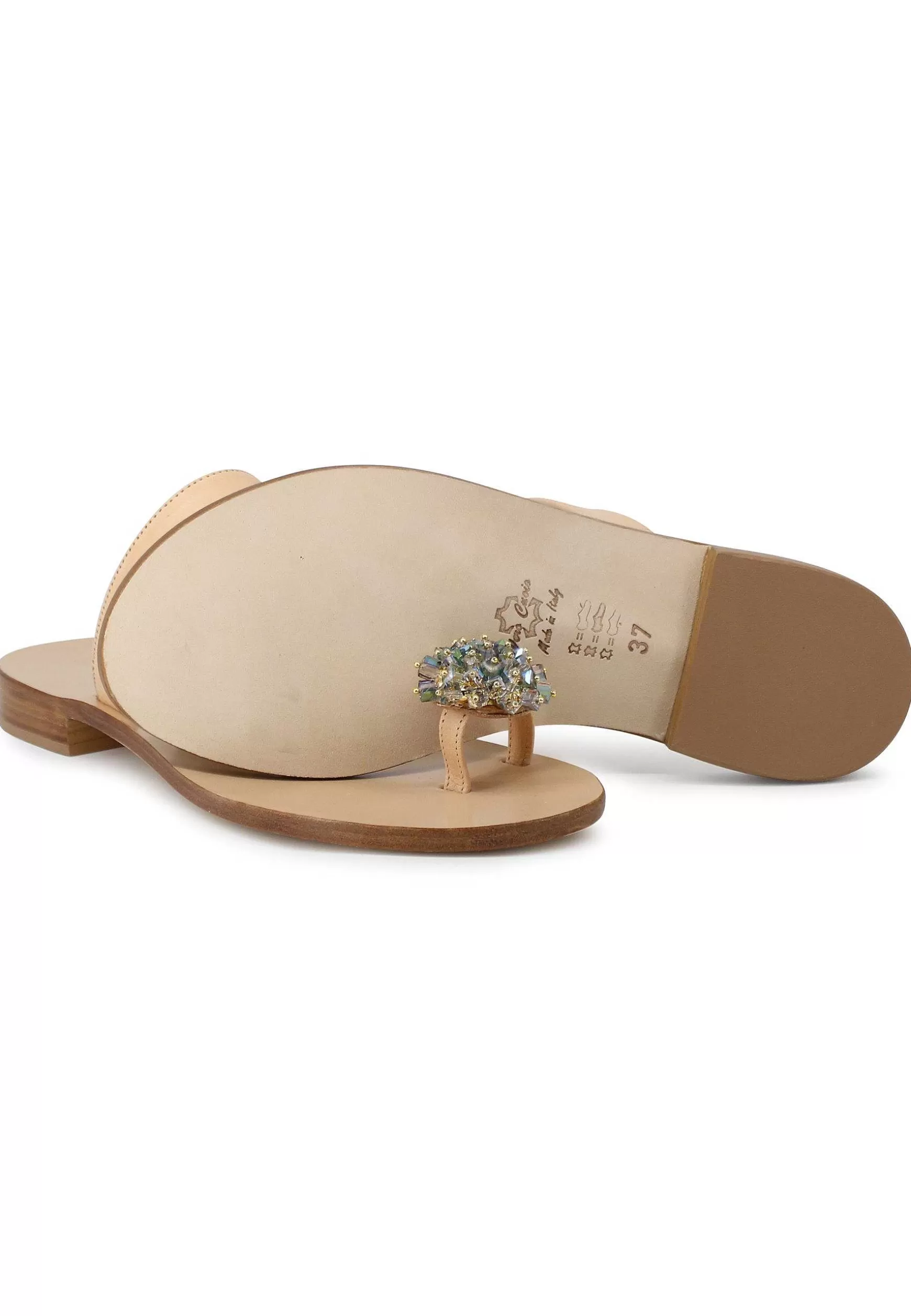 Sandali Infradito Donna In Pelle Naturale Con Gioiello E Tacco Basso** Fashion