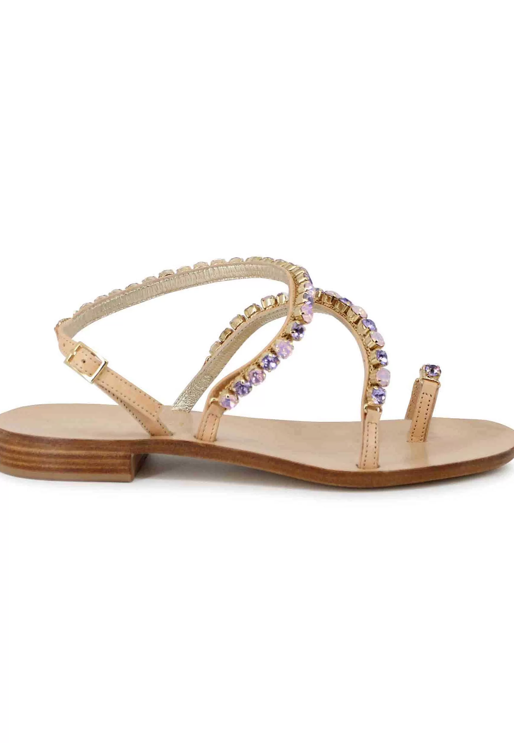 Sandali Infradito Donna In Pelle Naturale Con Strass E Tacco Basso In Cuoio** Shop