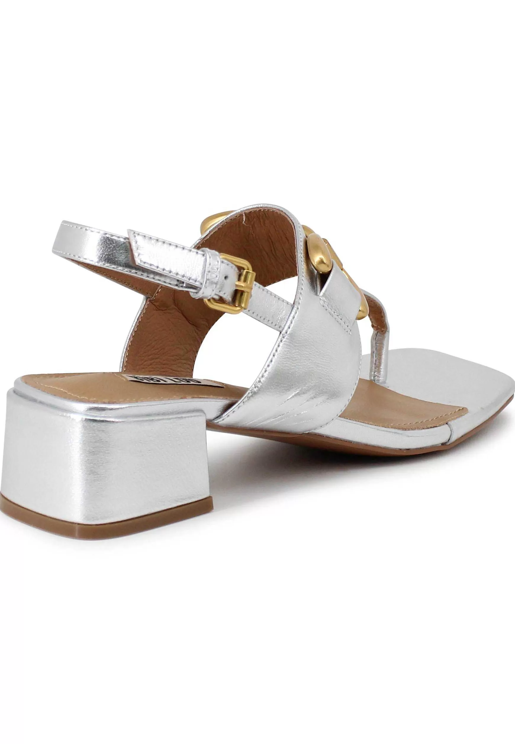 Sandali Infradito Donna Slingback In Pelle Argento Con Accessorio Oro*Bibi Lou Store