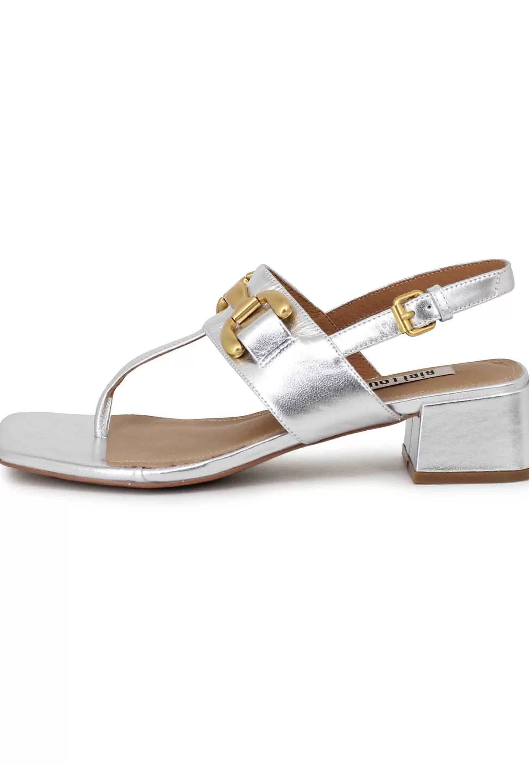 Sandali Infradito Donna Slingback In Pelle Argento Con Accessorio Oro*Bibi Lou Store