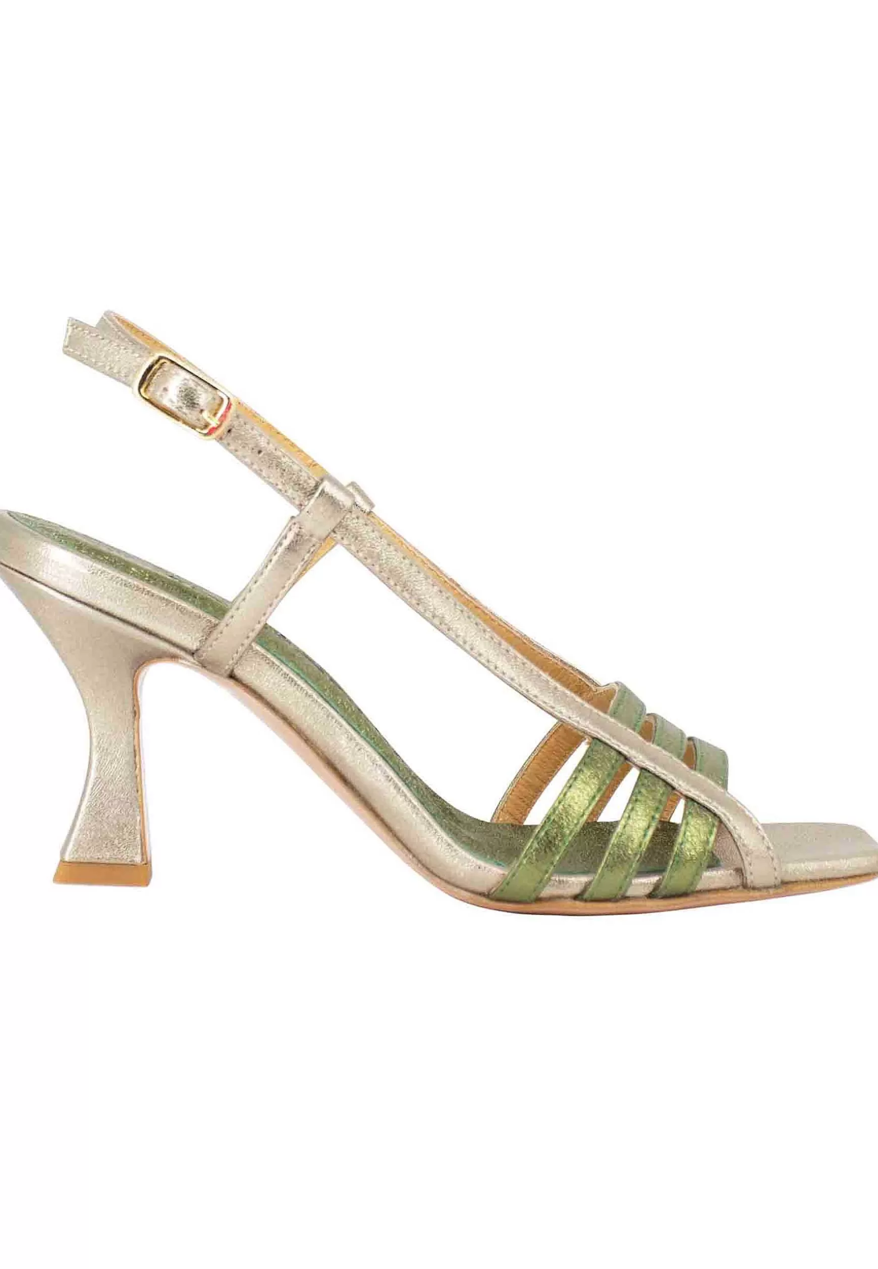 Sandali Silngback Donna In Pelle Laminata Oro E Verde Con Tacco Alto E Punta Quadra** Outlet