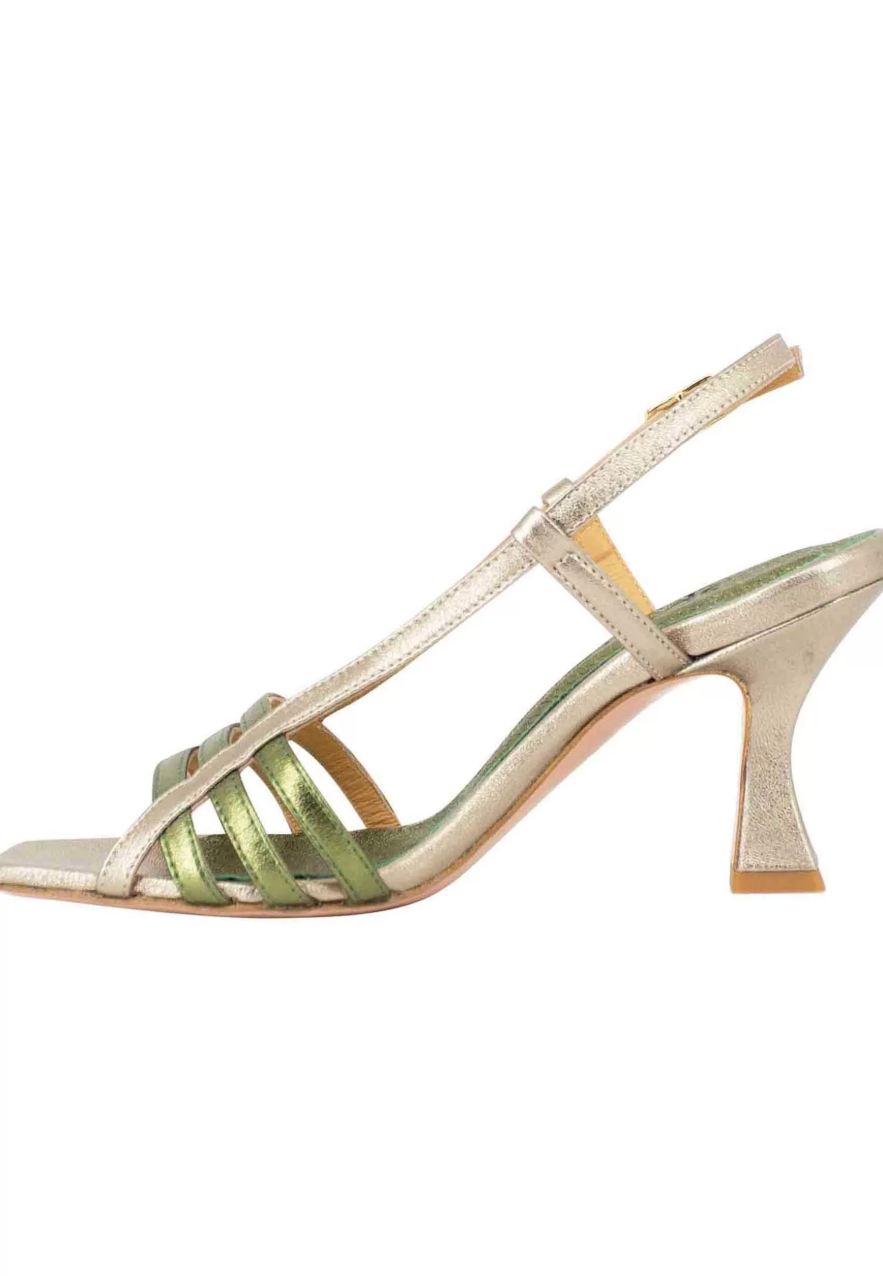 Sandali Silngback Donna In Pelle Laminata Oro E Verde Con Tacco Alto E Punta Quadra** Outlet