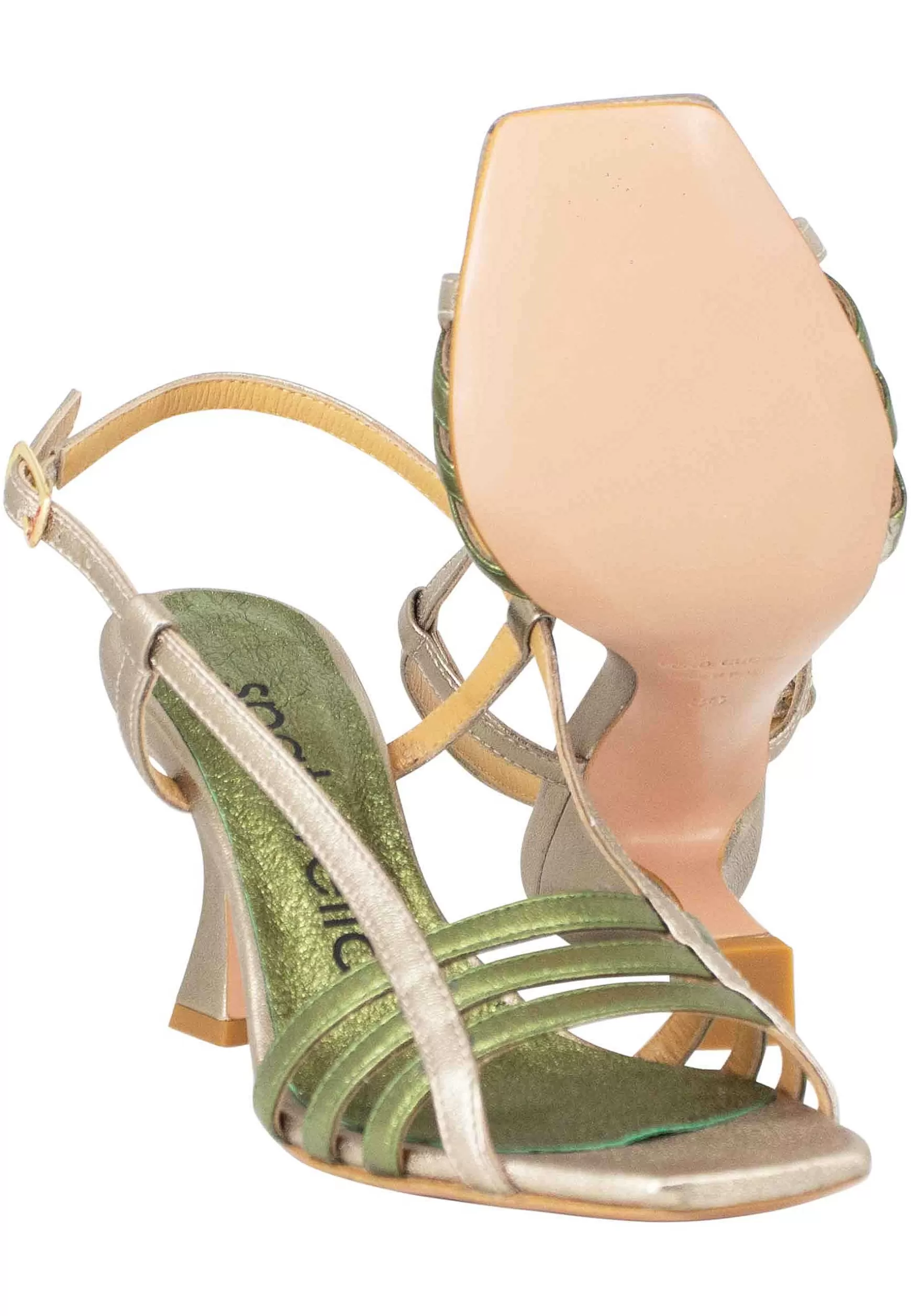 Sandali Silngback Donna In Pelle Laminata Oro E Verde Con Tacco Alto E Punta Quadra** Outlet