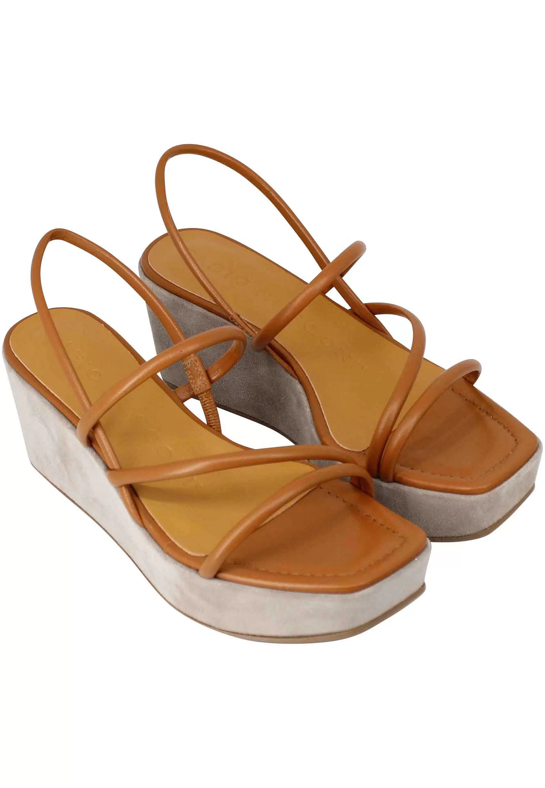 Sandali Slingback Donna In Pelle Cuoio Con Zeppa E Punta Quadra*Fabio Rusconi Clearance