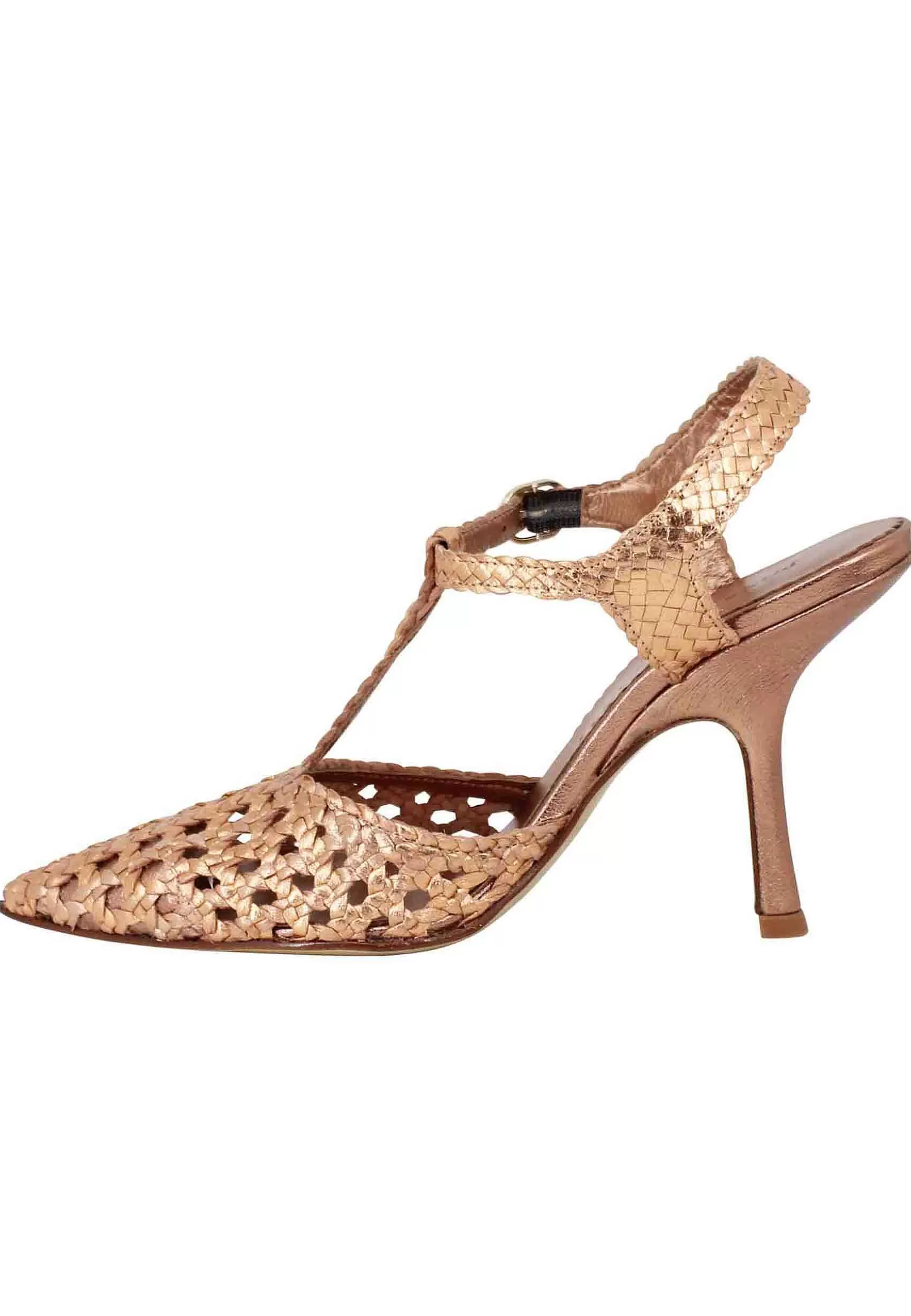 Sandali Slingback Donna In Pelle Intrecciata Rame Con Tacco Alto*Pons Quintana New