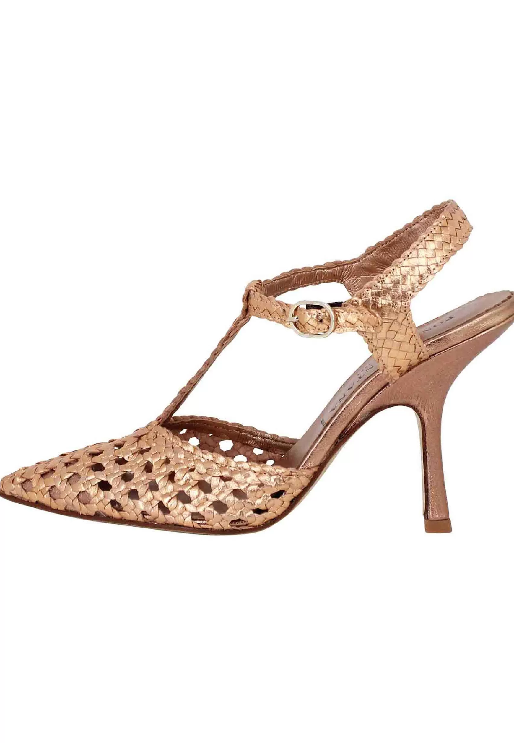 Sandali Slingback Donna In Pelle Intrecciata Rame Con Tacco Alto*Pons Quintana New