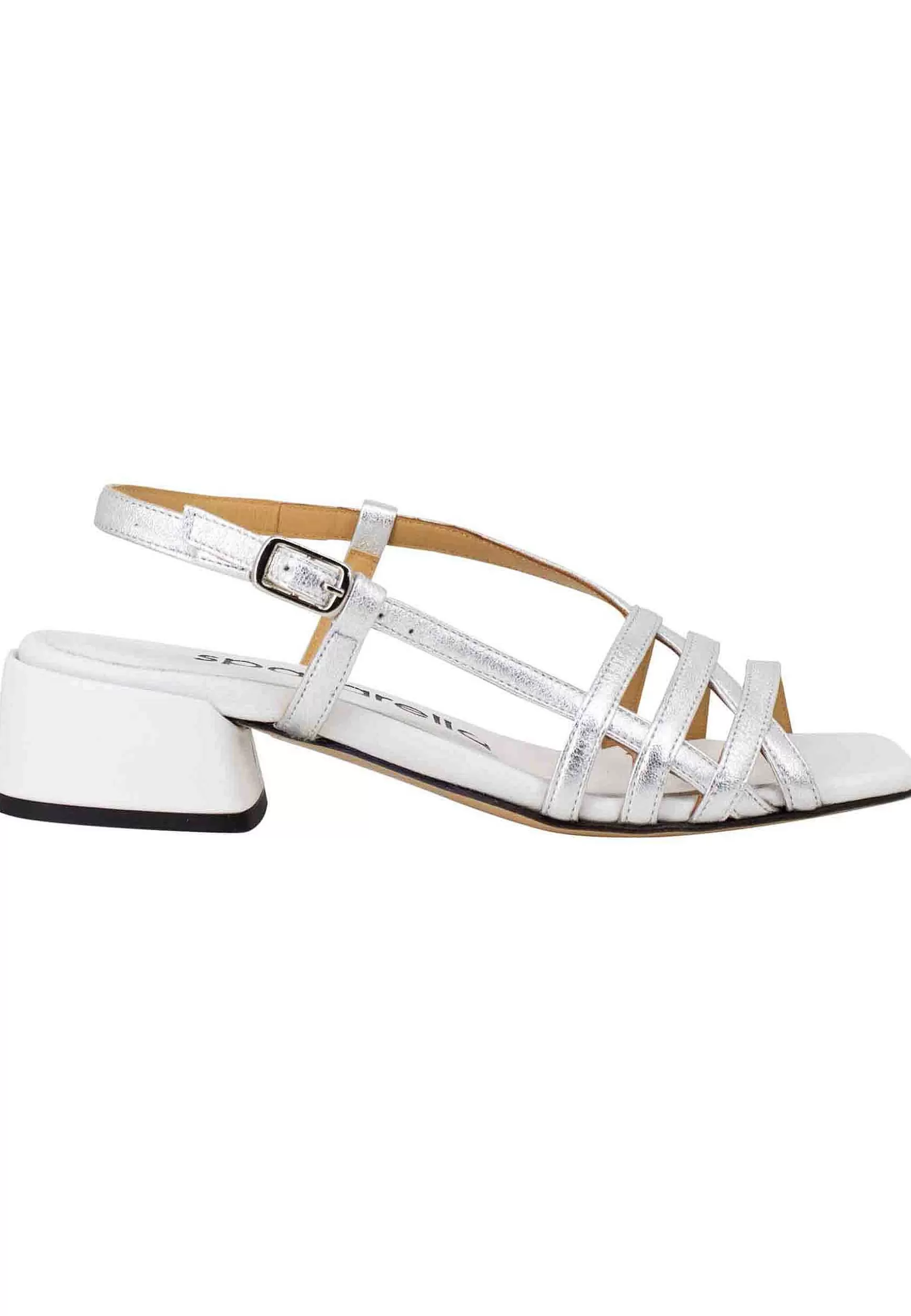 Sandali Slingback Donna In Pelle Laminata Argento Con Punta Quadra E Tacco Basso** Best